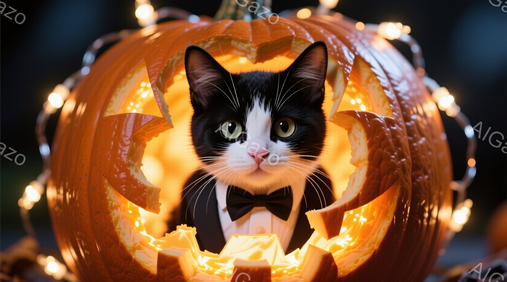 白と黒の猫が、ハロウィンのカボチャの中に顔を出しています。黒い蝶ネクタイをつけ、少し驚いたような表情をしています。カボチャの内部は明るいオレンジ色に光っており、周囲には小さな電飾が飾られています。 - AI生成フリー素材