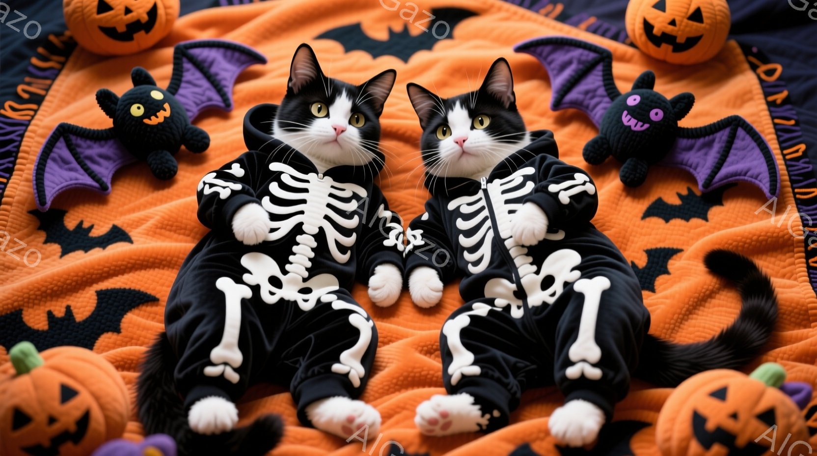 白と黒の猫がハロウィーンの骸骨柄の衣装を着て、オレンジ色の背景に寄り添って座っています。猫たちはリラックスした表情で、少しだけカメラを見ています。背景には、カボチャのぬいぐるみやコウモリの飾りがあり、 - AI生成フリー素材