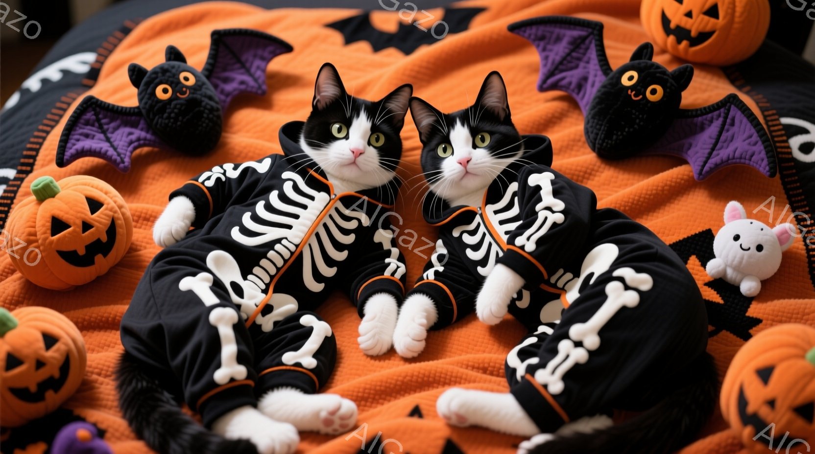 白と黒の猫が、ハロウィーンをテーマにしたオレンジ色の背景に横たわっています。猫たちは、骸骨がプリントされた黒いパーカーを着ており、リラックスした表情でカメラを見つめています。背景には、カボチャの形をし - AI生成フリー素材