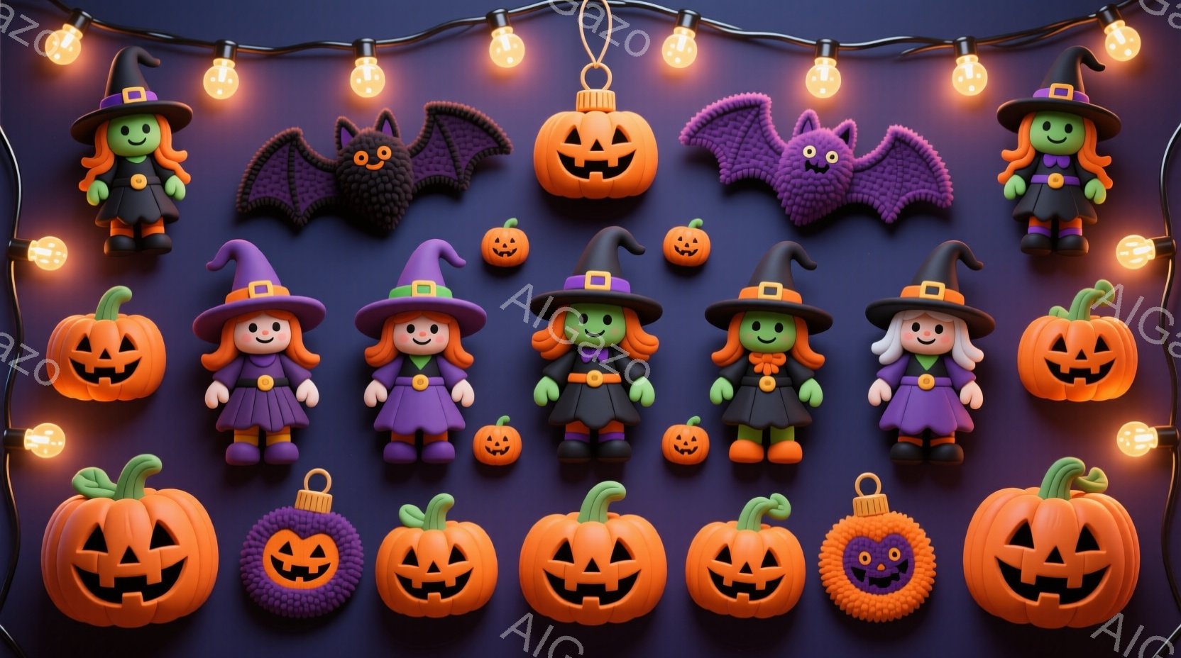 多数のハロウィングドールが並んでいることを示しており、それらは「あなたはまだ私にどうやってる？」と言っている。彼女たちの服装は多様で、幾つかのドールは髪型を持っており、表情も活発である。 背景には照明が流れており、それは暗いブルー色である。 全体として、ハロウィングスピリットを表現しており、雰囲気には豊富なエネルギーと楽しさが感じられる。