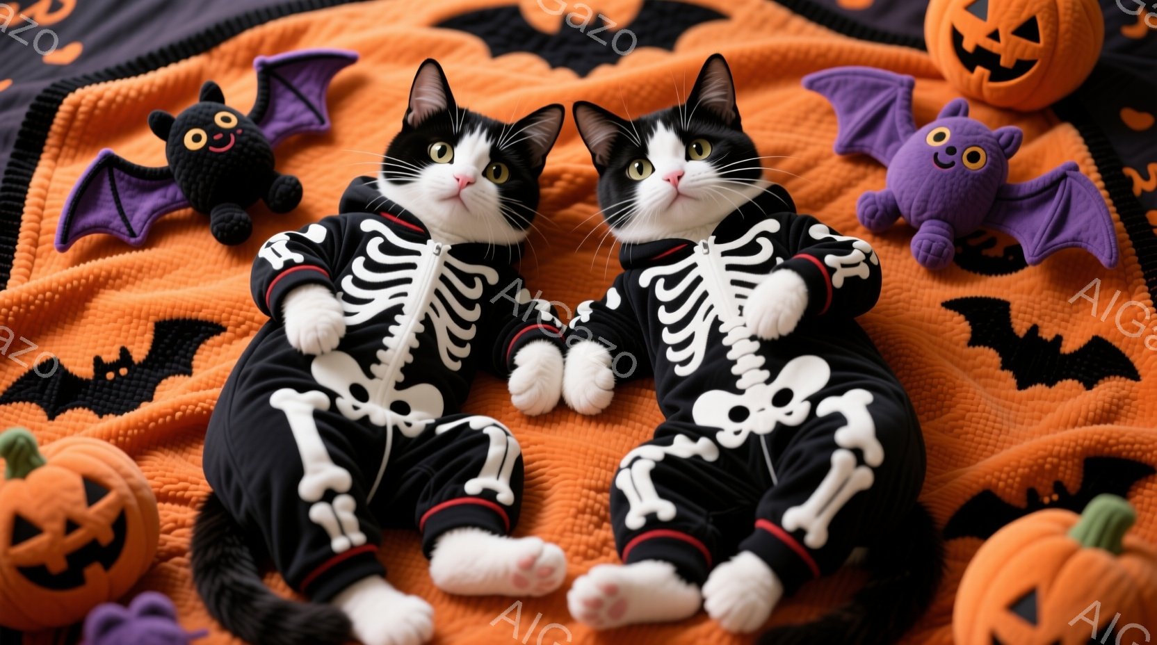 白と黒の猫が、ハロウィーンの骨格柄のジャンプスーツを着て、オレンジ色の背景の上に横たわっています。猫たちはリラックスした様子で、穏やかな表情をしています。背景には、カボチャやお化けのぬいぐるみ、コウモリのモチーフが散りばめられており、ハロウィーンの楽しい雰囲気を醸し出しています。