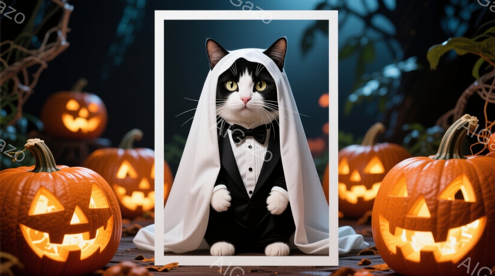 カトリック教会の前に座ったノリダーのハロウィンコスプレイで、爆発物が燃えている恐ろしい幽霊屋敷の裏景に、フランシェット・フォンティノと見た目が似たハーレム・キャットのブルーバスター。