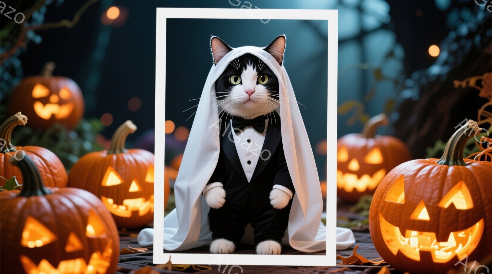 白と黒の猫が、ハロウィンの衣装であるタキシードと白いマントを身につけて立っている。猫は自信に満ちた表情で、正面を見据えている。背景には、オレンジ色の光を放つたくさんのジャック・オ・ランタンが並び、ハロウィーンの夜の雰囲気を醸し出している。