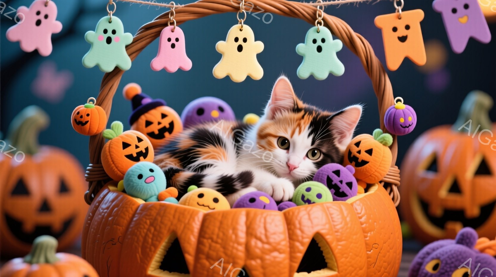 オレンジ色のカボチャの形をしたバスケットに、三毛猫が丸まって座っています。猫は好奇心旺盛な表情でカメラを見つめ、その周りにはハロウィーンを象徴する小さなカボチャやお化けのぬいぐるみでいっぱいです。背景 - AI生成フリー素材