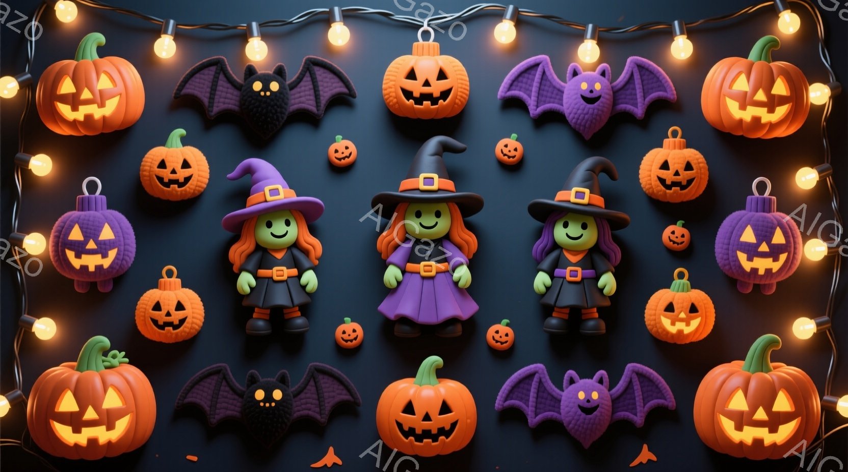 ハロウィーンの装飾が並んだ様子を描いています。紫色のドレスと帽子を身に着けた、笑顔の魔女の人形が複数、カボチャやコウモリの形をした装飾と共に配置されています。背景は暗い青色で、点灯したオレンジ色のライ - AI生成フリー素材