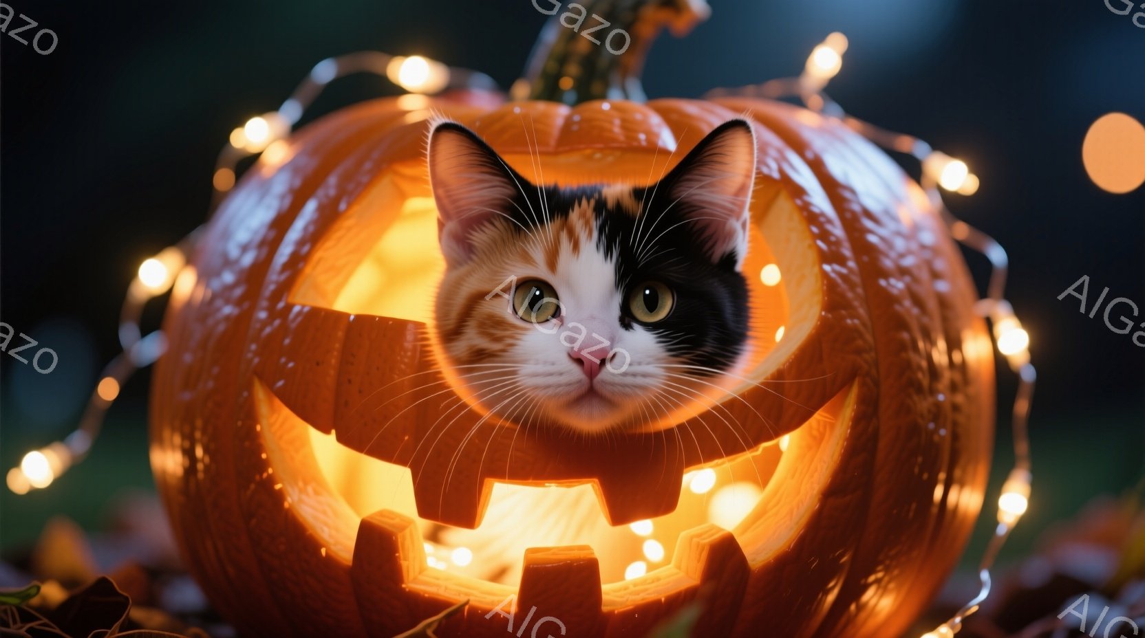 オレンジ色のジャック・オー・ランタンの中に、白、黒、オレンジのまだら模様の猫が顔を出しています。猫は正面を見て、少し驚いたような穏やかな表情をしています。背景にはぼやけた自然の風景と、ハロウィーンを彩 - AI生成フリー素材