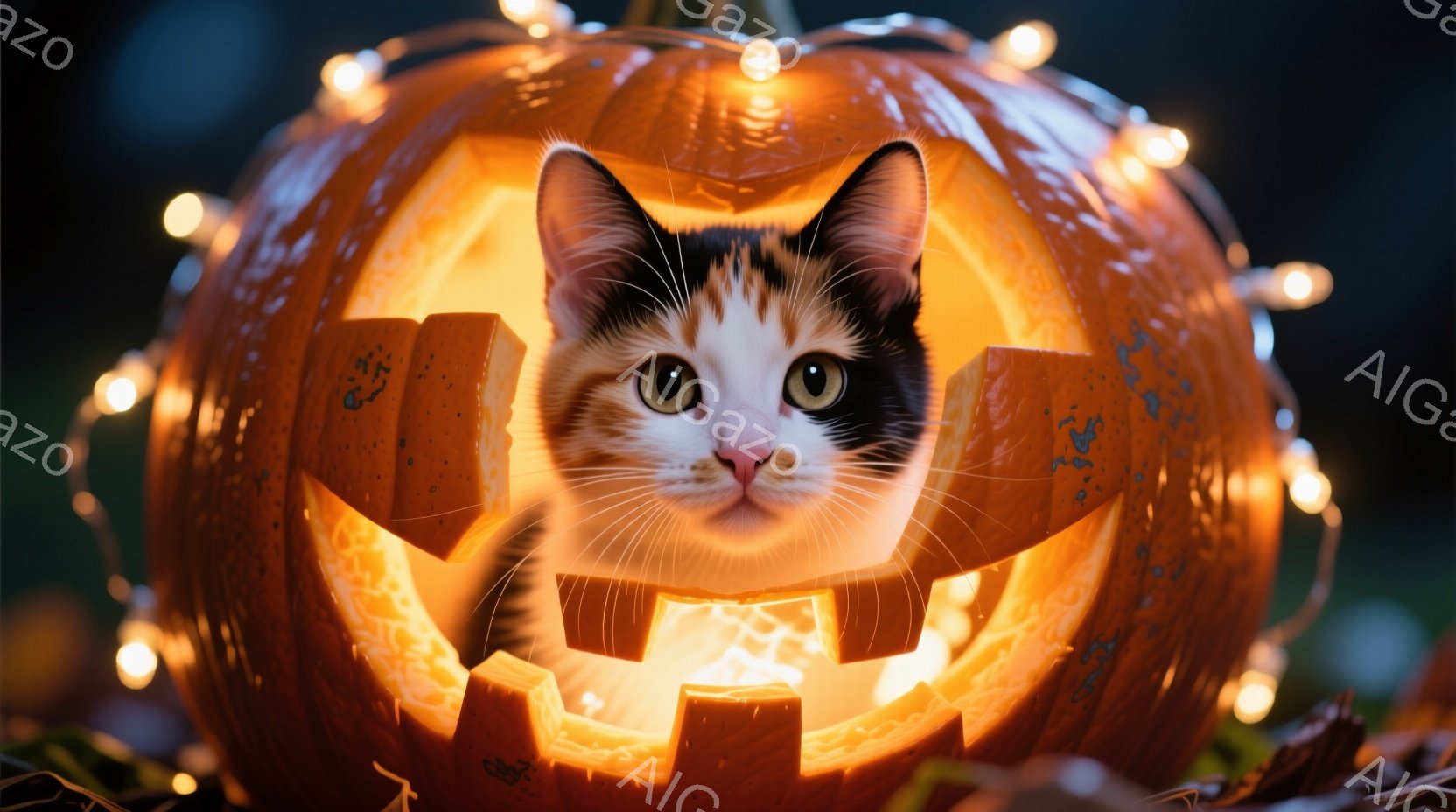 オレンジ色のジャック・オー・ランタンの中に、白と黒の模様が入った猫が顔を出しています。猫は好奇心旺盛な表情で正面を見つめており、光が猫の顔を照らし出しています。背景にはぼやけた葉っぱと、オレンジ色の光 - AI生成フリー素材