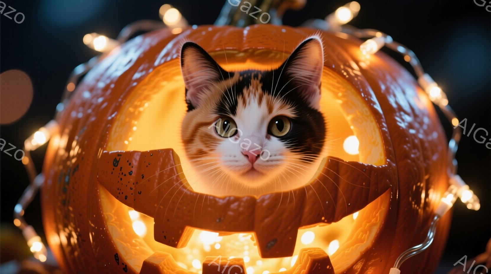 オレンジ色のジャック・オ・ランタンの中に、三毛猫が顔を出している。猫は丸い目でカメラを見つめており、少し好奇心と遊び心のある表情をしている。背景は暗く、温かい光のストリングライトが猫とカボチャを囲み、 - AI生成フリー素材