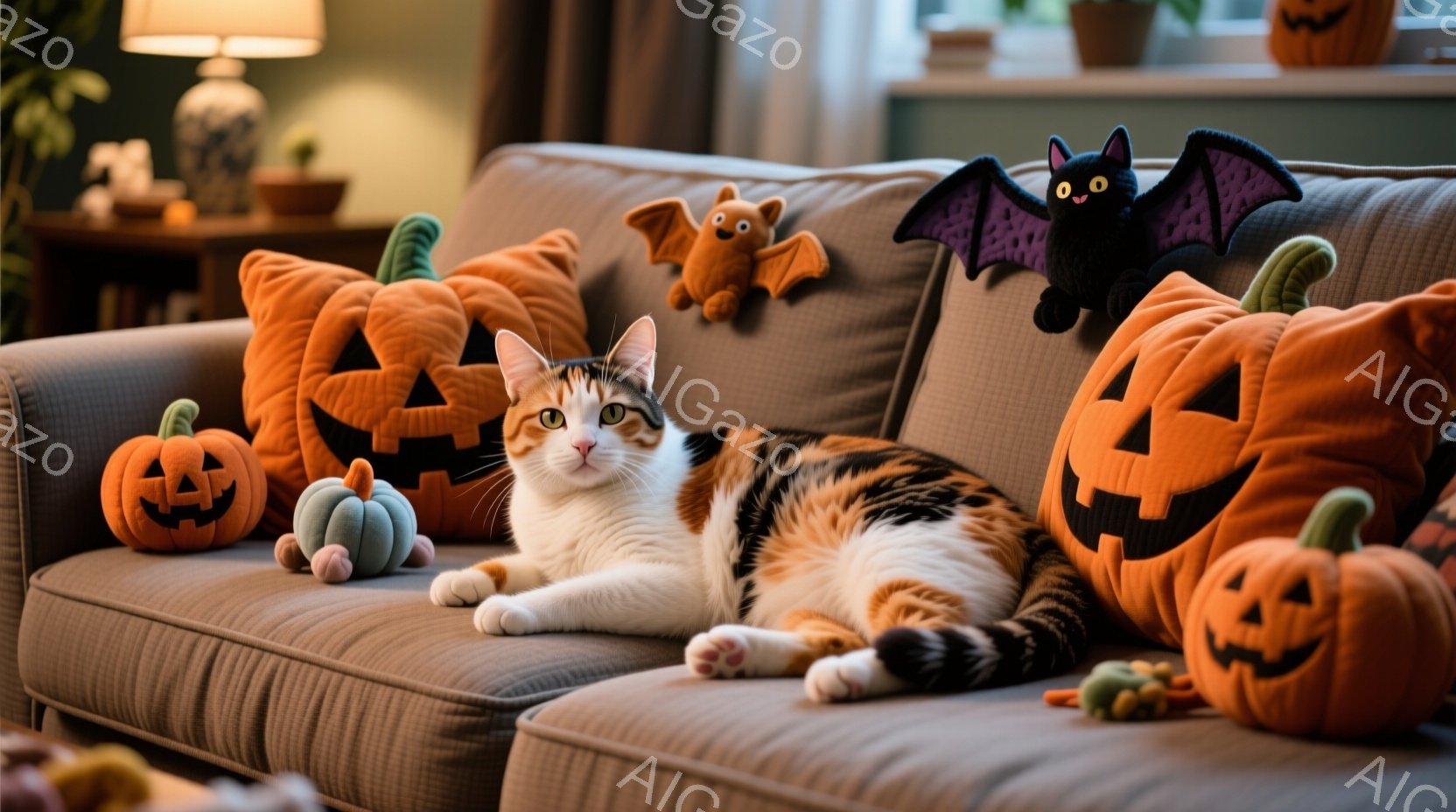 白とオレンジのまだら模様の猫が、ハロウィーンをテーマにしたクッションに囲まれたソファに横たわっています。猫はリラックスした様子で、カメラの方を見て穏やかな表情をしています。背景には、ハロウィーンの装飾 - AI生成フリー素材