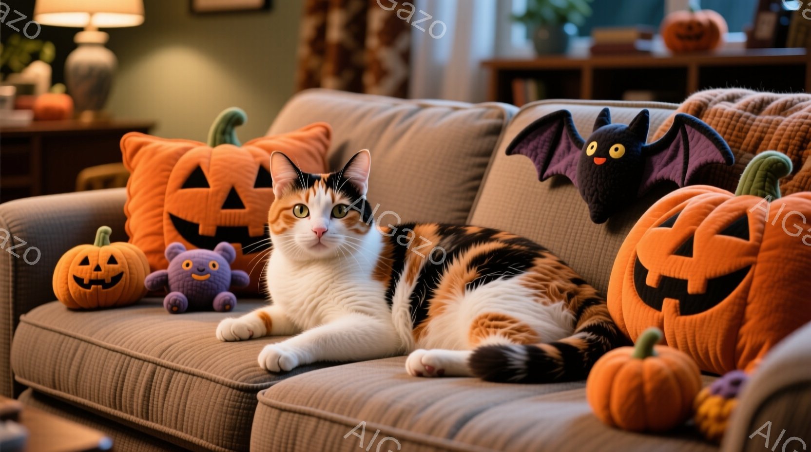 ソファに三毛猫が横たわっており、周囲にはハロウィーンの装飾が散りばめられています。猫はリラックスした様子で、カメラの方を見つめており、オレンジと黒のカラフルな装飾品とコントラストをなしています。背景に - AI生成フリー素材