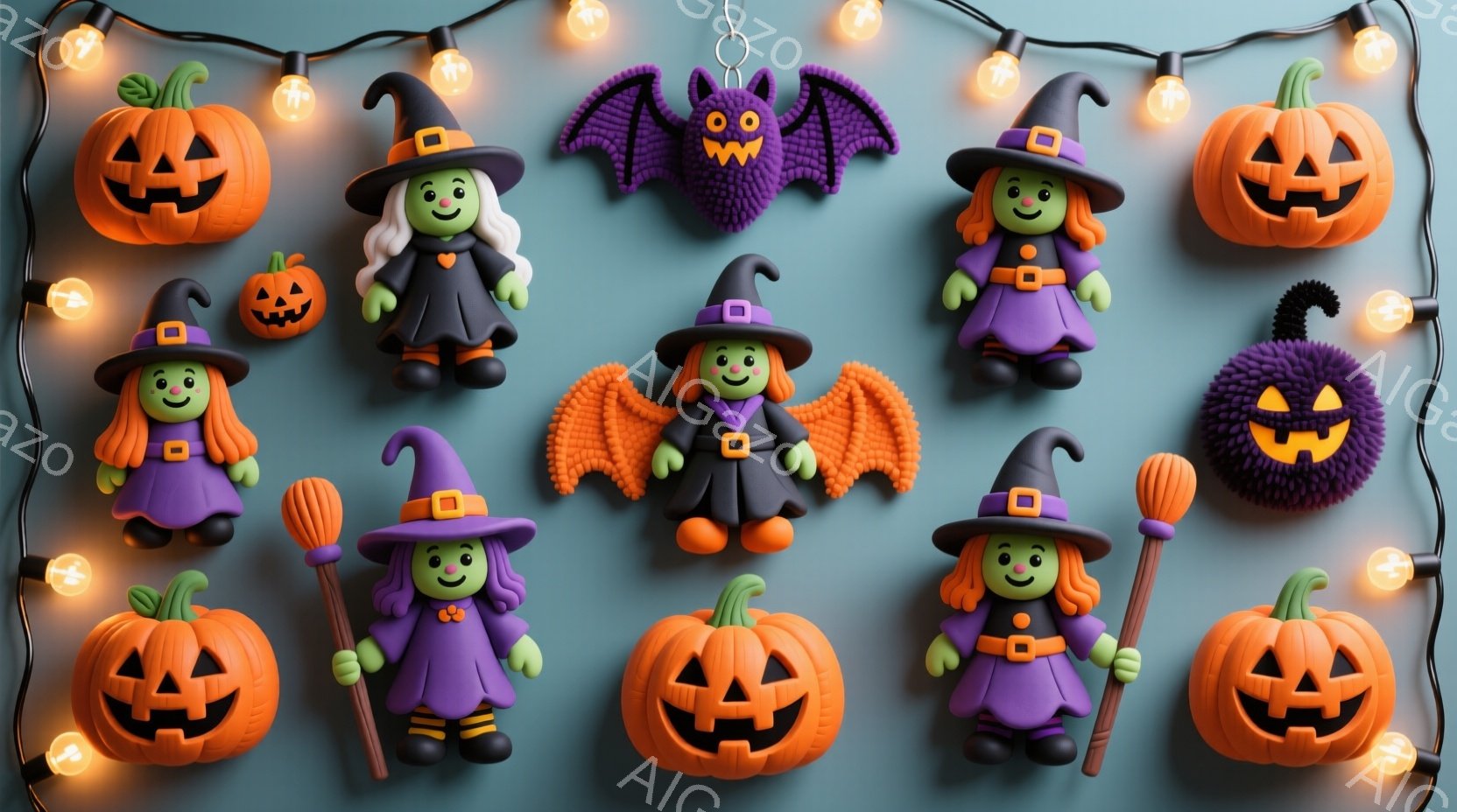ハロウィーンをテーマにした、可愛らしい粘土のようなオブジェクトが並んでいます。紫色の魔女たちは、黒い帽子をかぶり、緑色の肌に笑顔を浮かべており、ほうきやカボチャのランタン、コウモリ、糸くずの魔女といった様々なハロウィーンのモチーフが散りばめられています。背景は水色の壁で、オレンジ色の電球ライトが飾られ、全体的に温かく、お祝いの雰囲気を醸し出しています。