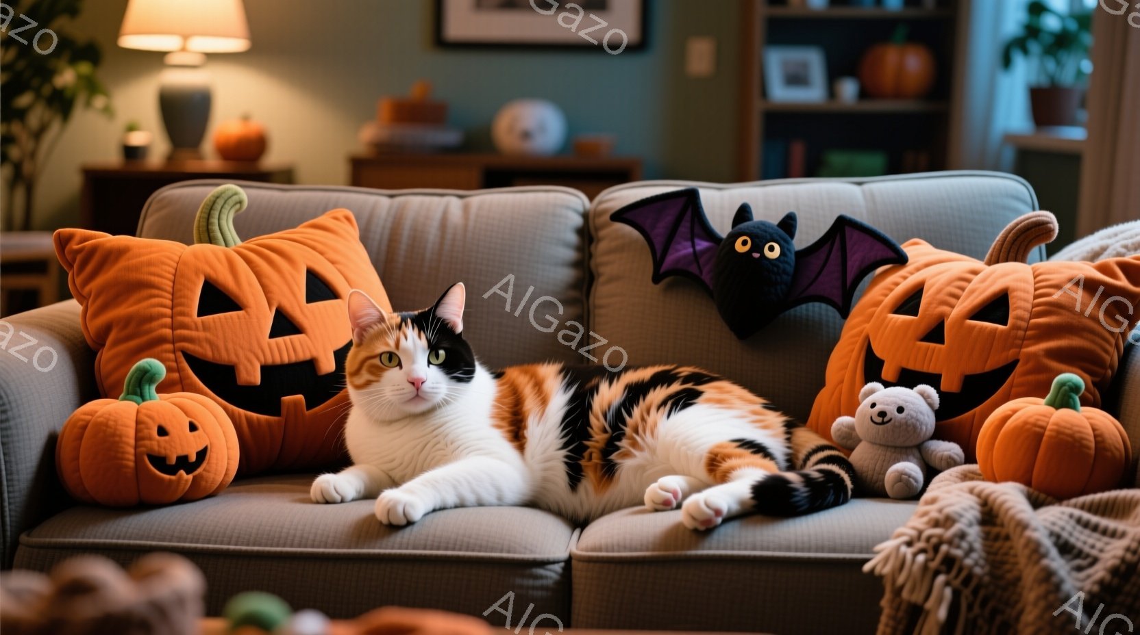 白とオレンジの模様が印象的な猫が、ハロウィーンをテーマにしたクッションとぬいぐるみで飾られたグレーのソファにゆったりと横たわっています。背景には、ハロウィーンの飾りや家具が見え、室内は暖かく穏やかな雰 - AI生成フリー素材