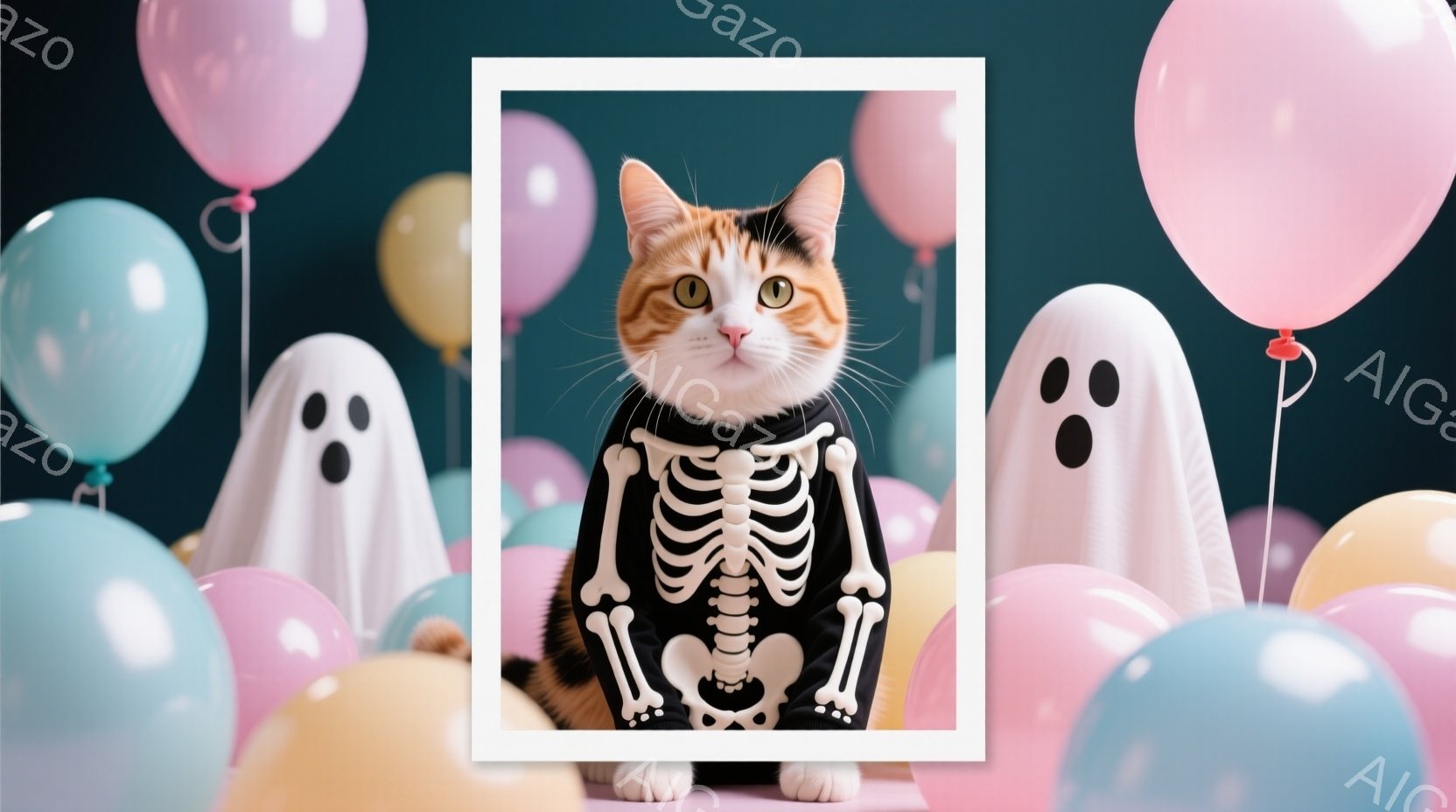 オレンジ色の猫がハロウィーンのガイコツのコスチュームを着ています。猫は正面をまっすぐ見て、少し驚いたような表情をしています。背景には、パステルカラーの風船と白い幽霊がいくつか浮かんでおり、お祝いの雰囲 - AI生成フリー素材