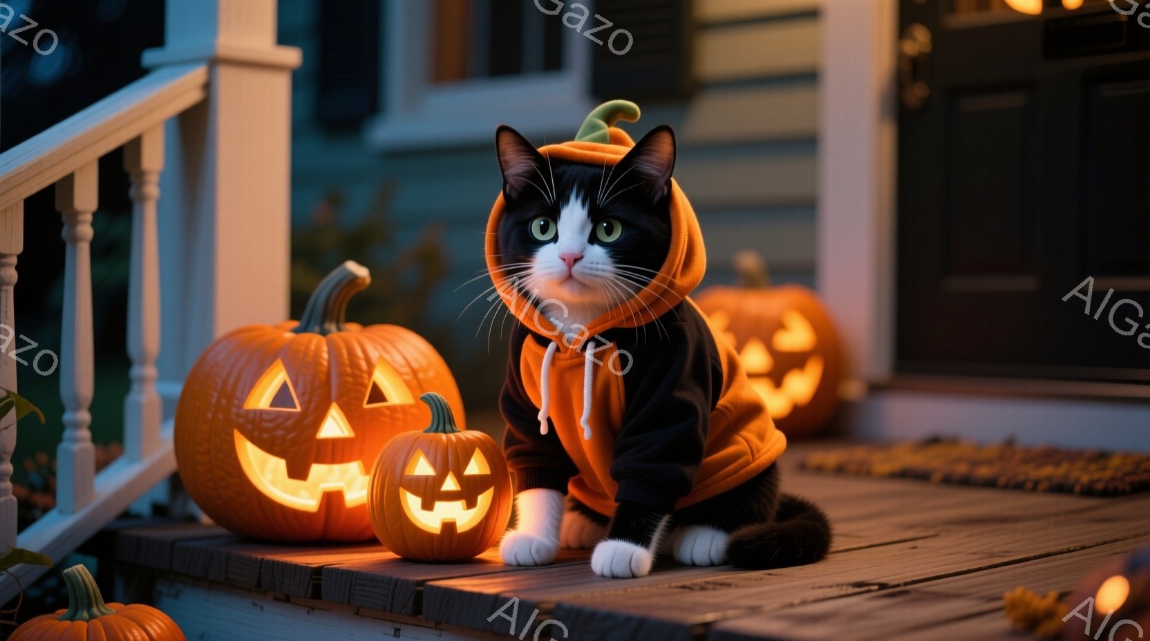 白と黒の猫が、ハロウィーンをテーマにしたオレンジ色のパーカーを着て、ポーチの階段に座っています。周りには様々な大きさのジャック・オ・ランタンが置かれ、背景にはぼんやりと家が見え、温かい光が灯っています。全体的に、可愛らしく、お祝いムード満載のハロウィーンの雰囲気です。