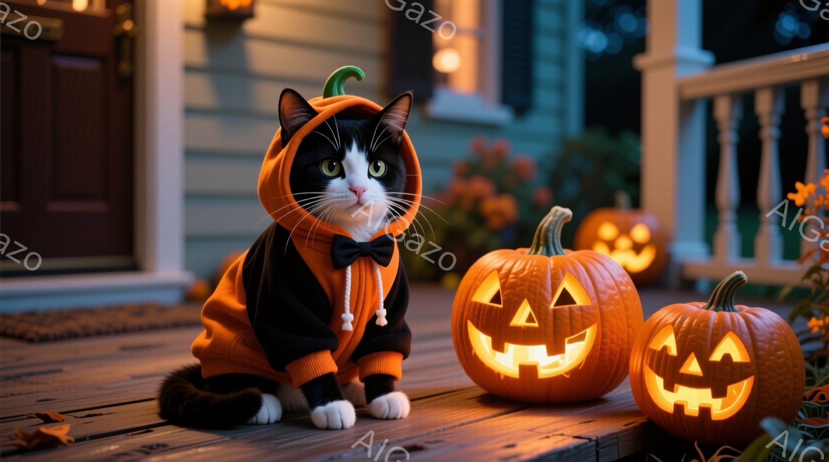 黒と白の猫がオレンジ色のハロウィーンの衣装を着て、正面を向いて座っています。衣装にはフードと黒い蝶ネクタイが付いており、猫は少し驚いたような表情をしています。背景には、顔が彫刻された光るカボチャがいくつか並んでおり、家の玄関ポーチの木製の床に置かれています。