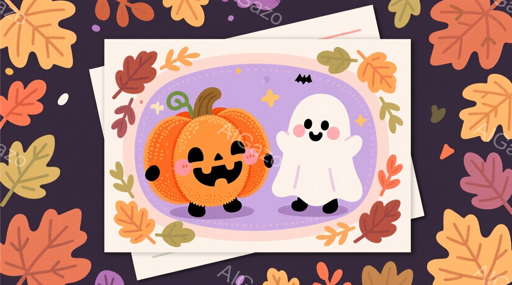 紫色の背景に、かわいらしいハロウィンのイラストが描かれています。オレンジ色のジャック・オ・ランタンと白い幽霊が寄り添っており、それぞれ幸せそうな笑顔を浮かべています。周りには、色とりどりの紅葉が散りば - AI生成フリー素材