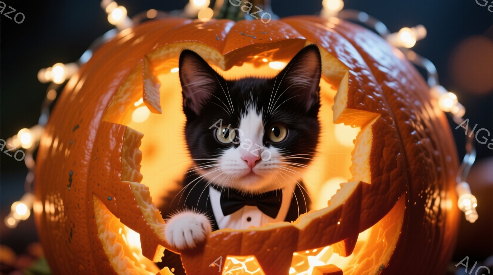 白と黒の毛並みを持つ子猫が、ハロウィーンのカボチャの中に座っています。黒い蝶ネクタイを着用し、少し驚いたような表情でカメラを見つめています。背景にはぼやけた光のイルミネーションが広がり、暖かく幻想的な - AI生成フリー素材