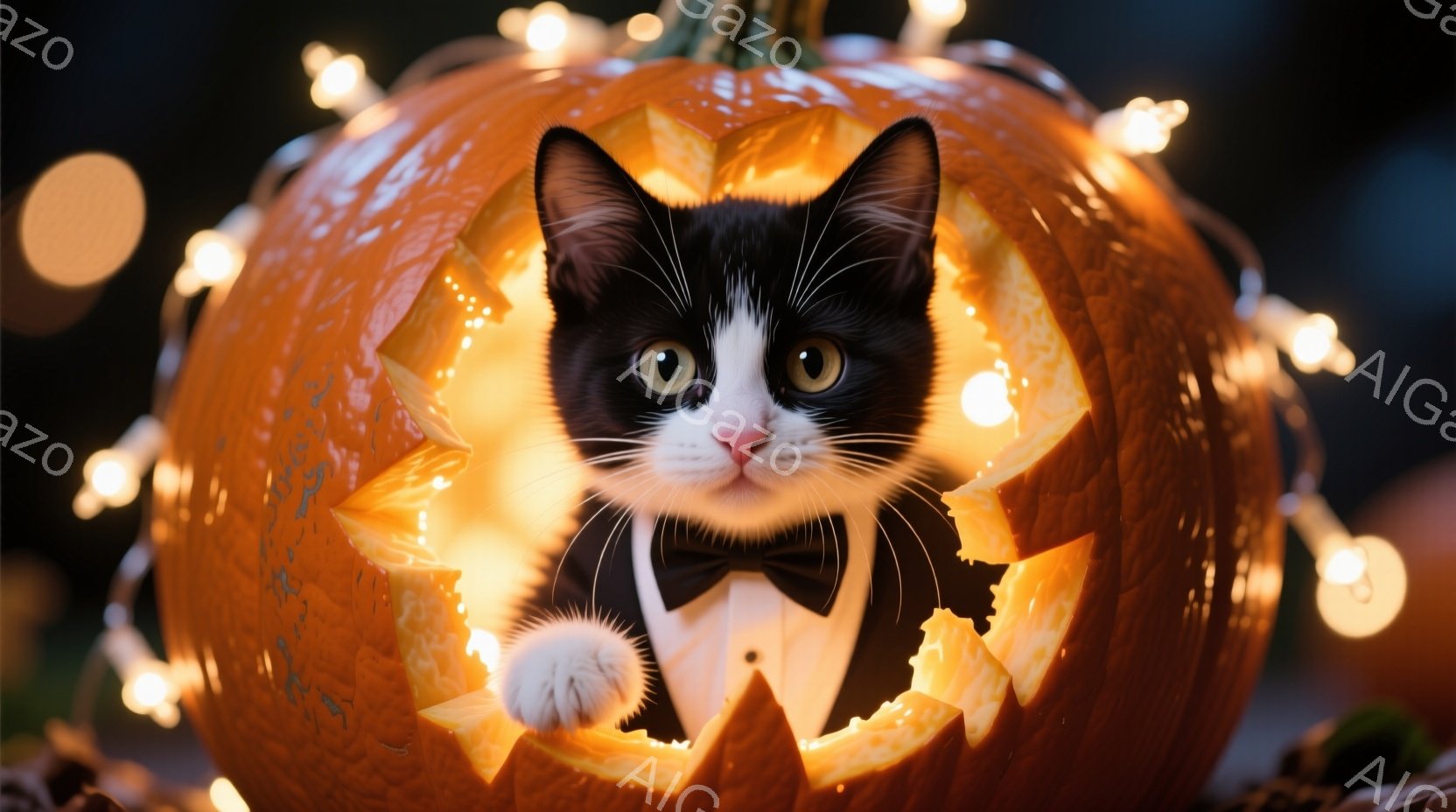 白と黒の猫が、くり抜かれたオレンジ色のカボチャの中から顔を出しています。黒い蝶ネクタイを身につけ、少し驚いたような表情でカメラを見ています。背景には、ぼんやりとした光のカーテンが広がり、ハロウィーンらしい暖かく幻想的な雰囲気を醸し出しています。