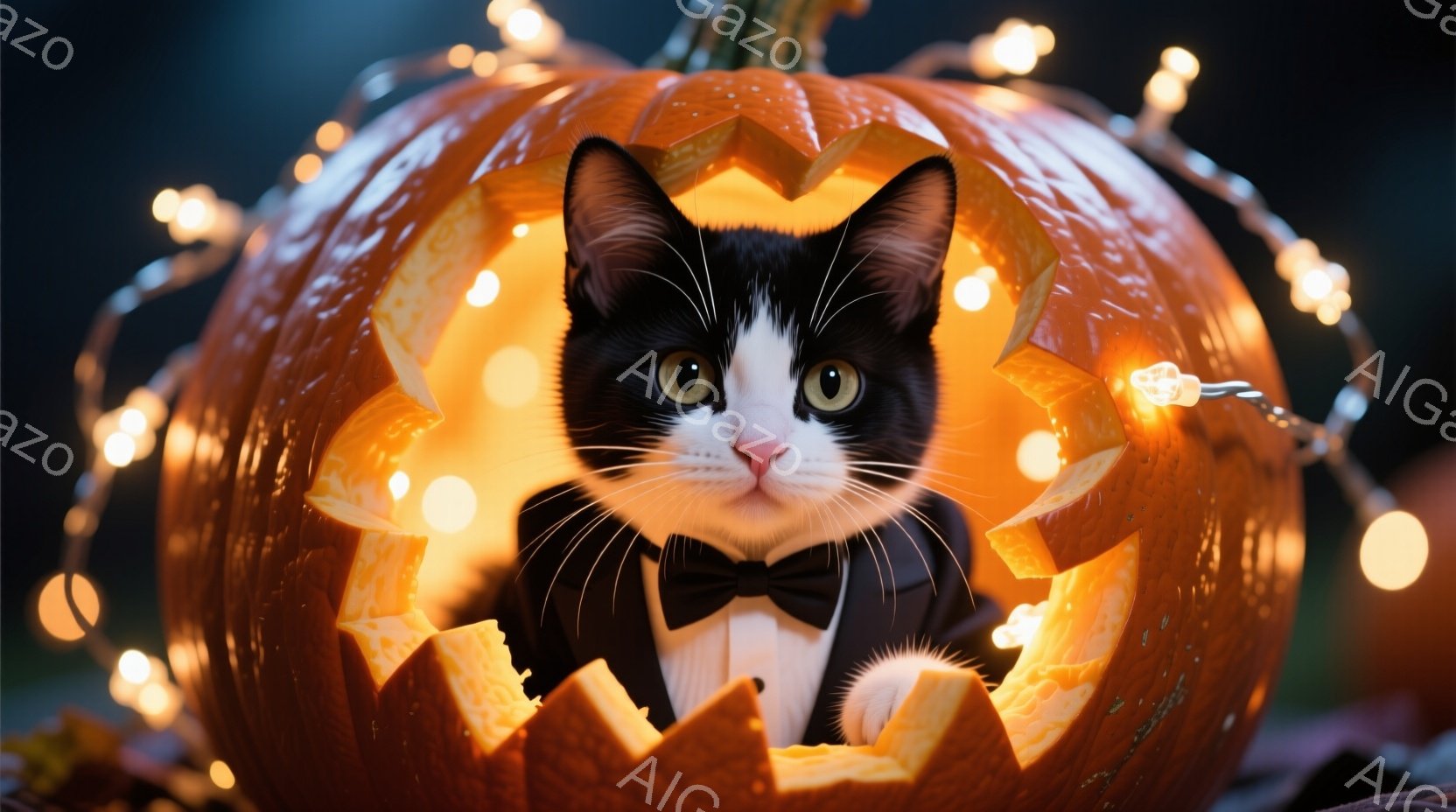 白と黒の毛並みを持つ猫が、くり抜かれたオレンジ色のカボチャの中に座っており、黒い蝶ネクタイを締めています。猫はカメラの方を見ており、少しいたずらっぽい表情をしています。背景にはぼやけた光のストリングラ - AI生成フリー素材