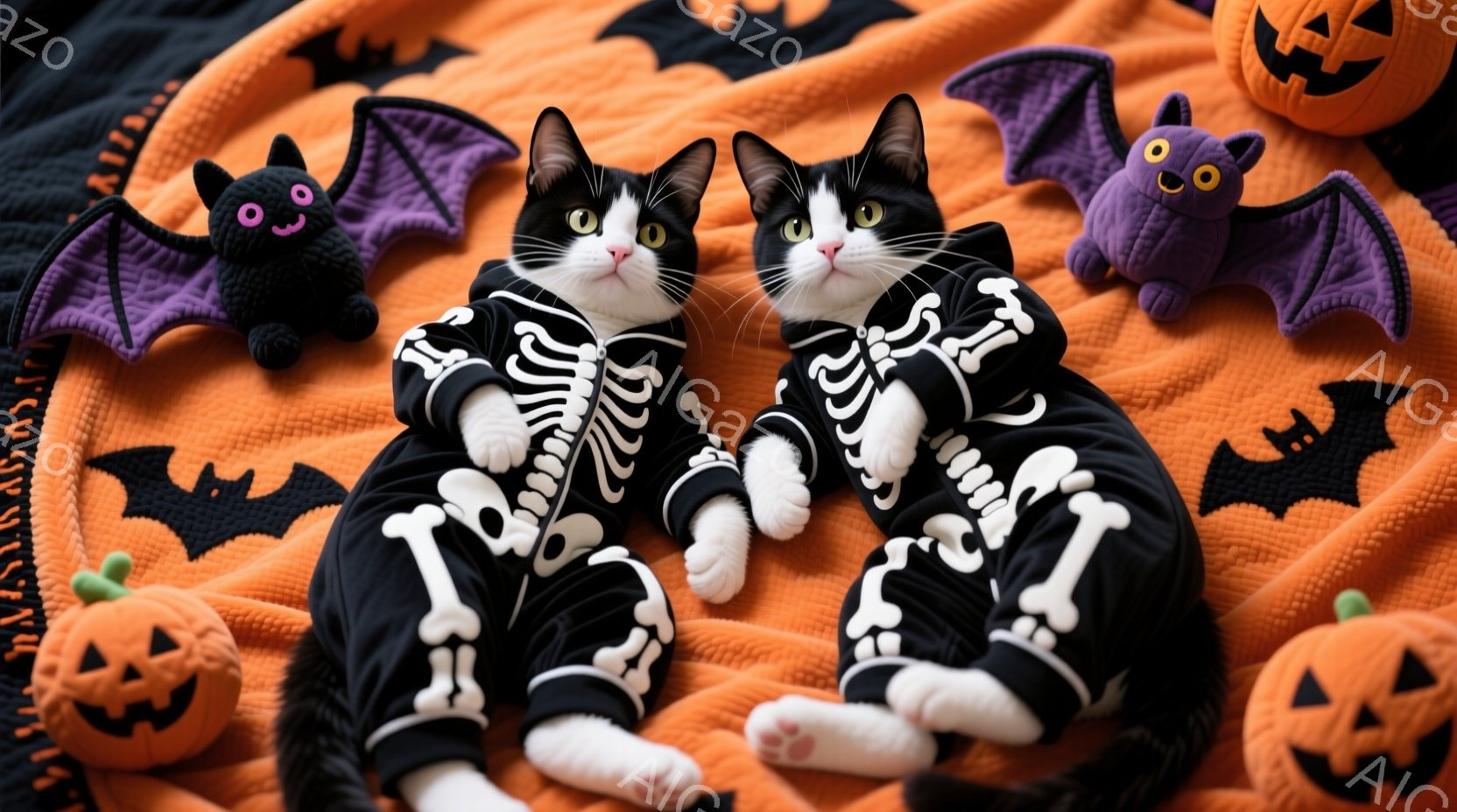 白と黒の猫がハロウィーンのスケルトン柄のジャンプスーツを着てオレンジ色の背景に横たわっています。猫たちはリラックスした表情で、左右に手足を広げています。背景には、カボチャの形のぬいぐるみやコウモリの飾りがあり、ハロウィーンの雰囲気を演出しています。