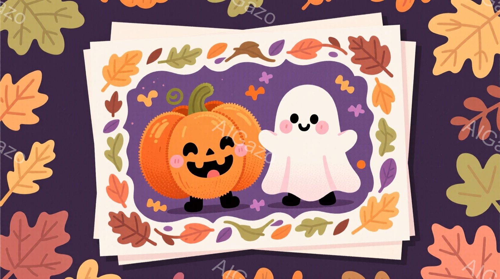 明るい紫色の背景に、ハロウィンの装飾が施された絵が描かれています。オレンジ色のカボチャと白い幽霊が寄り添って立っており、どちらも愛らしい表情をしています。背景には、赤茶色の葉っぱのパターンが描かれており、全体的に可愛らしく、お祝いムードに満ちた雰囲気です。