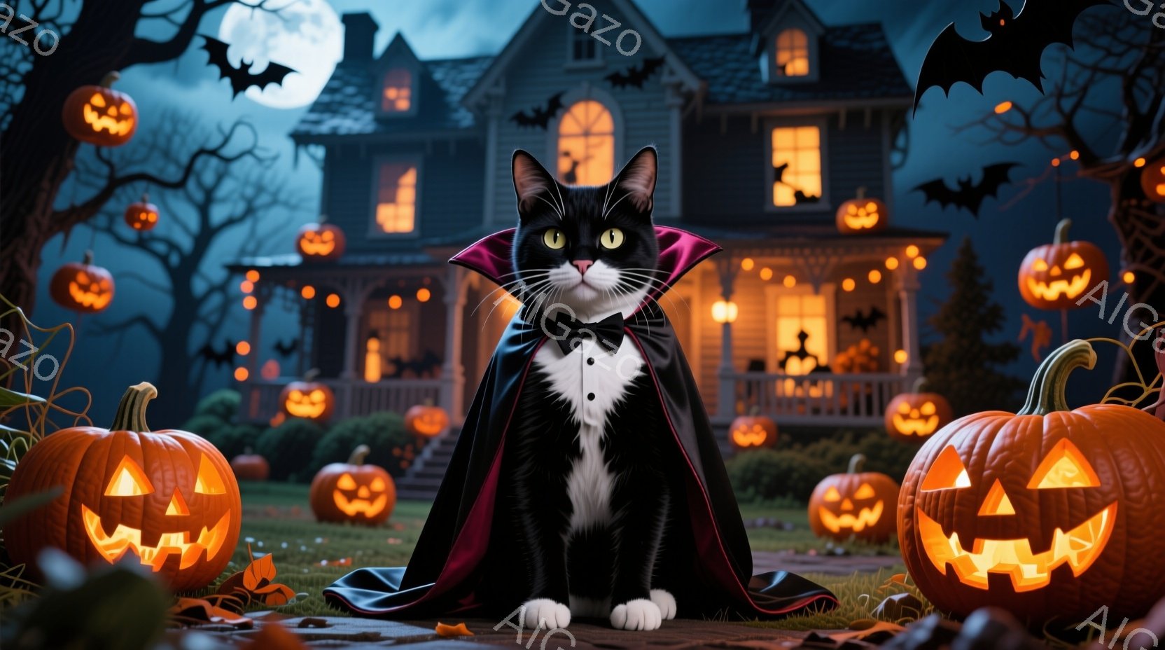 白黒の猫が、黒いケープと蝶ネクタイを身に着け、まるで吸血鬼のような姿で正面を見つめています。背景には、ハロウィーンの飾りが施された屋敷と、空には月とコウモリが浮かび、カボチャのランタンが並んでいます。全体的に不気味でありながらも可愛らしい、ハロウィーンの夜の雰囲気を感じさせる一枚です。