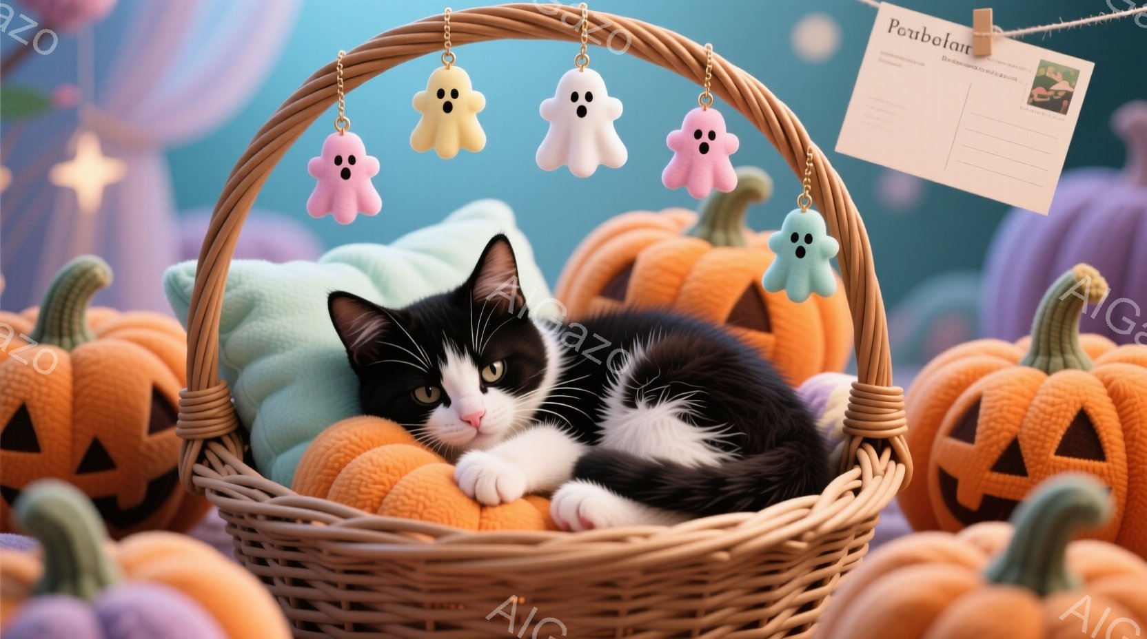 白と黒の猫が、ハロウィーンをテーマにしたバスケットの中に横たわっています。バスケットの中には水色のクッションがあり、猫はリラックスした表情で眠っているようです。背景には、オレンジ色のジャック・オー・ラ - AI生成フリー素材