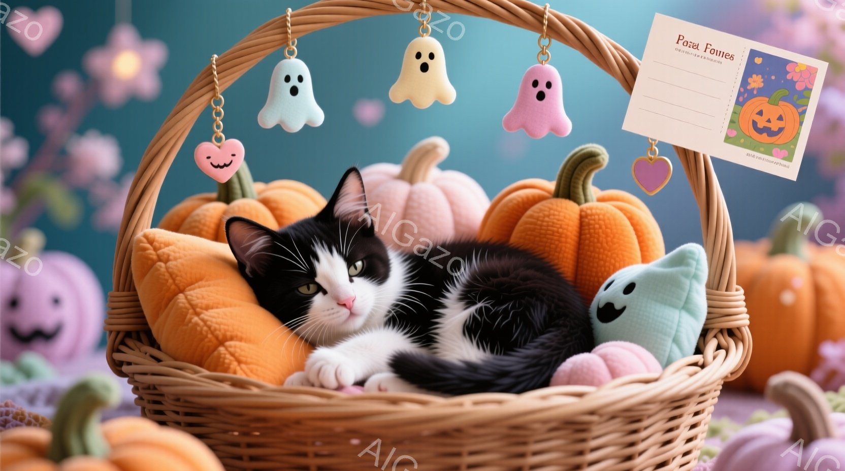 白黒の猫がオレンジ色のバスケットの中に横たわっており、ハロウィーンの飾り付けが背景にあります。猫はリラックスした様子で、バスケットの中に心地よさそうに丸まっています。背景にはカボチャの形をした装飾や幽 - AI生成フリー素材
