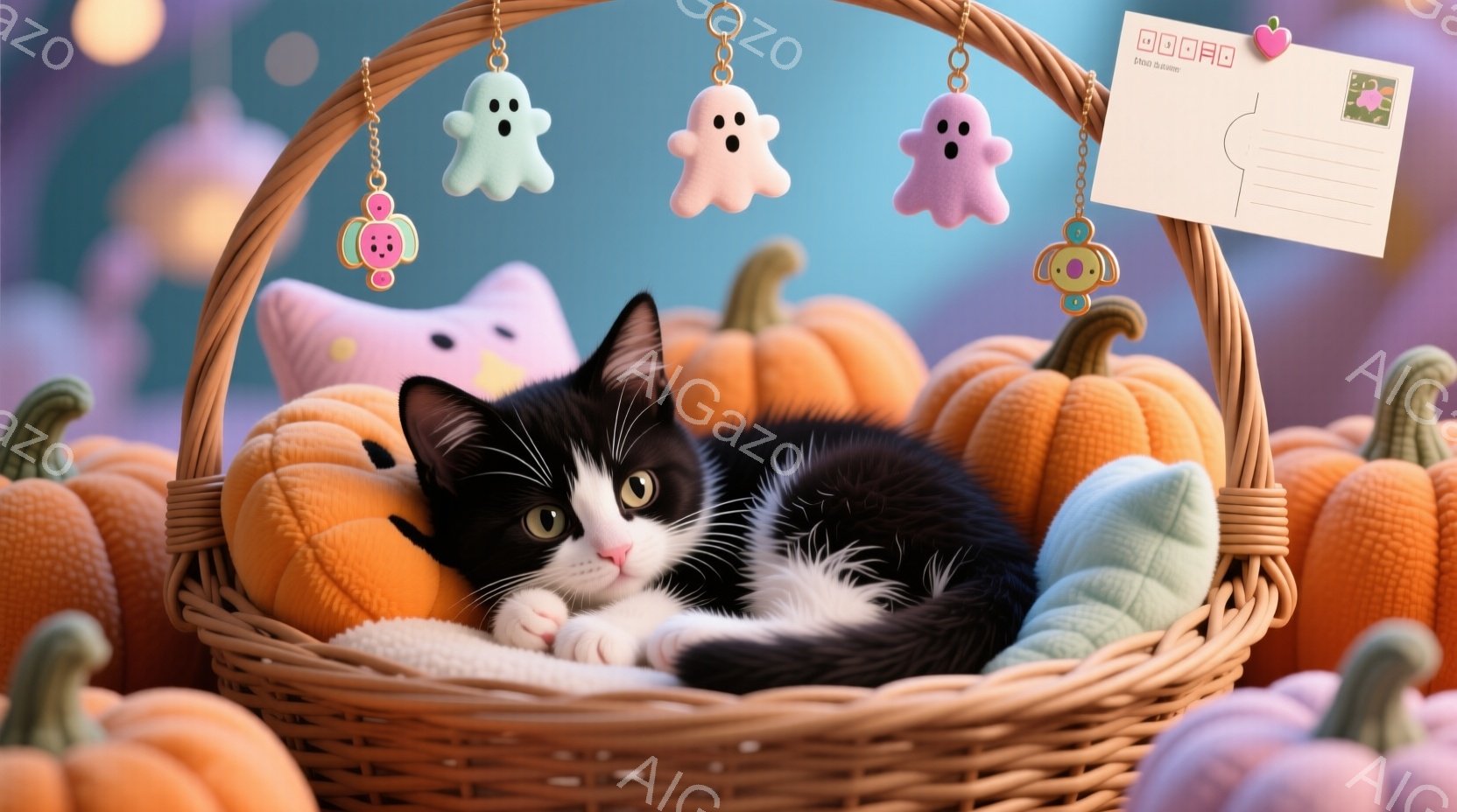 白と黒の猫がオレンジ色のカボチャで満たされた籐の籠の中で丸まって眠っています。籠の上には、幽霊やカボチャの形をした可愛らしい飾り付けが吊り下げられ、背景にはぼやけたオレンジ色のカボチャが並んでいます。 - AI生成フリー素材