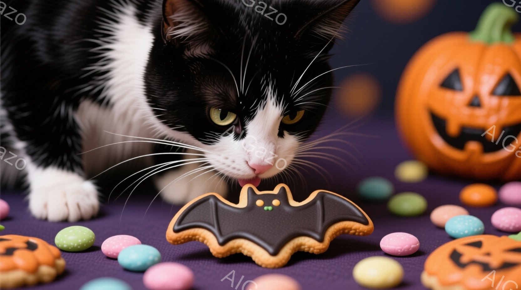 白と黒の猫が、紫色のテーブルの上のコウモリの形をしたクッキーに近づいています。背景には、カラフルなキャンディーとハロウィーンの飾りであるジャック・オ・ランタンが見えます。 全体的に、ハロウィーンをテー - AI生成フリー素材