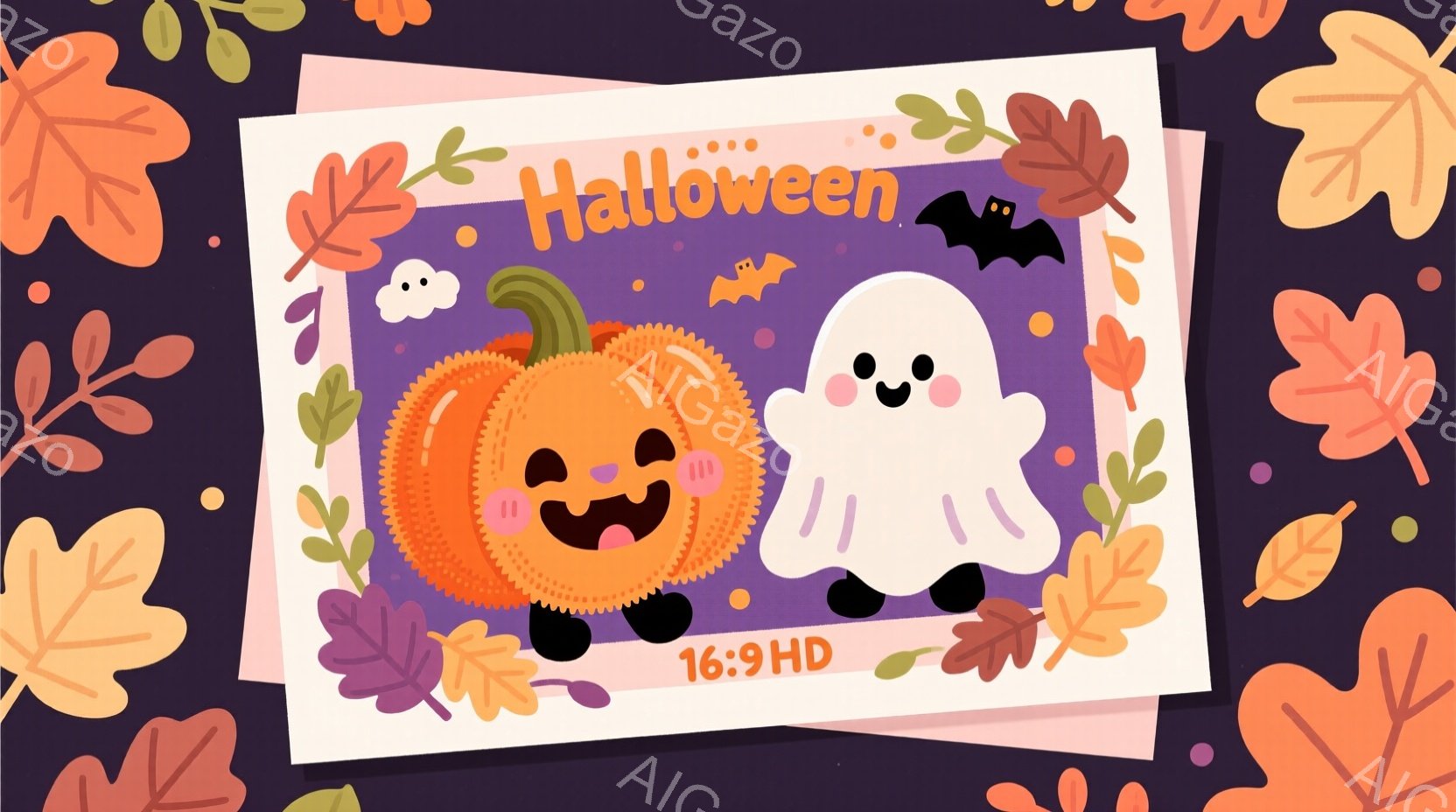 明るい紫色の背景に、ハロウィーンの飾り付けが描かれています。笑っているジャック・オー・ランタンと幽霊が中央に配置されており、周りにはオレンジ色と紫色の落ち葉、そして小さなコウモリが散りばめられています - AI生成フリー素材