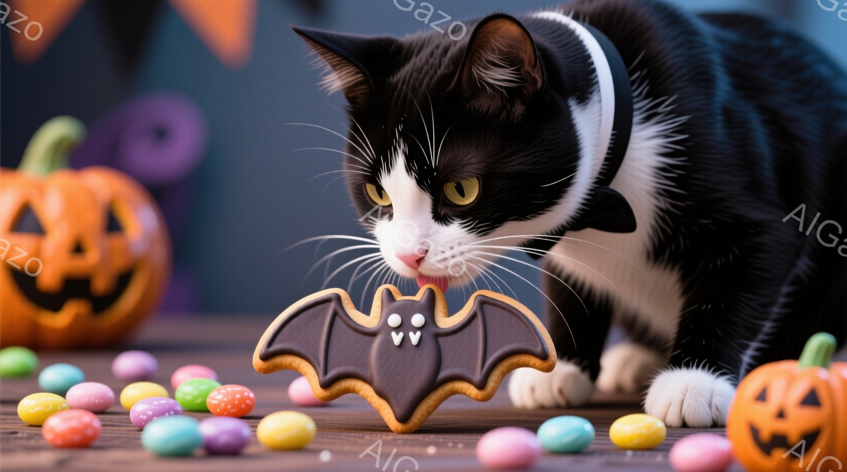 白と黒の猫が、ハロウィーンをテーマにしたお菓子に興味津々な様子が描かれています。茶色いコウモリのクッキーを前にして、顔を近づけ、まるで食べるかのように前かがみになっています。背景には、オレンジ色のジャ - AI生成フリー素材
