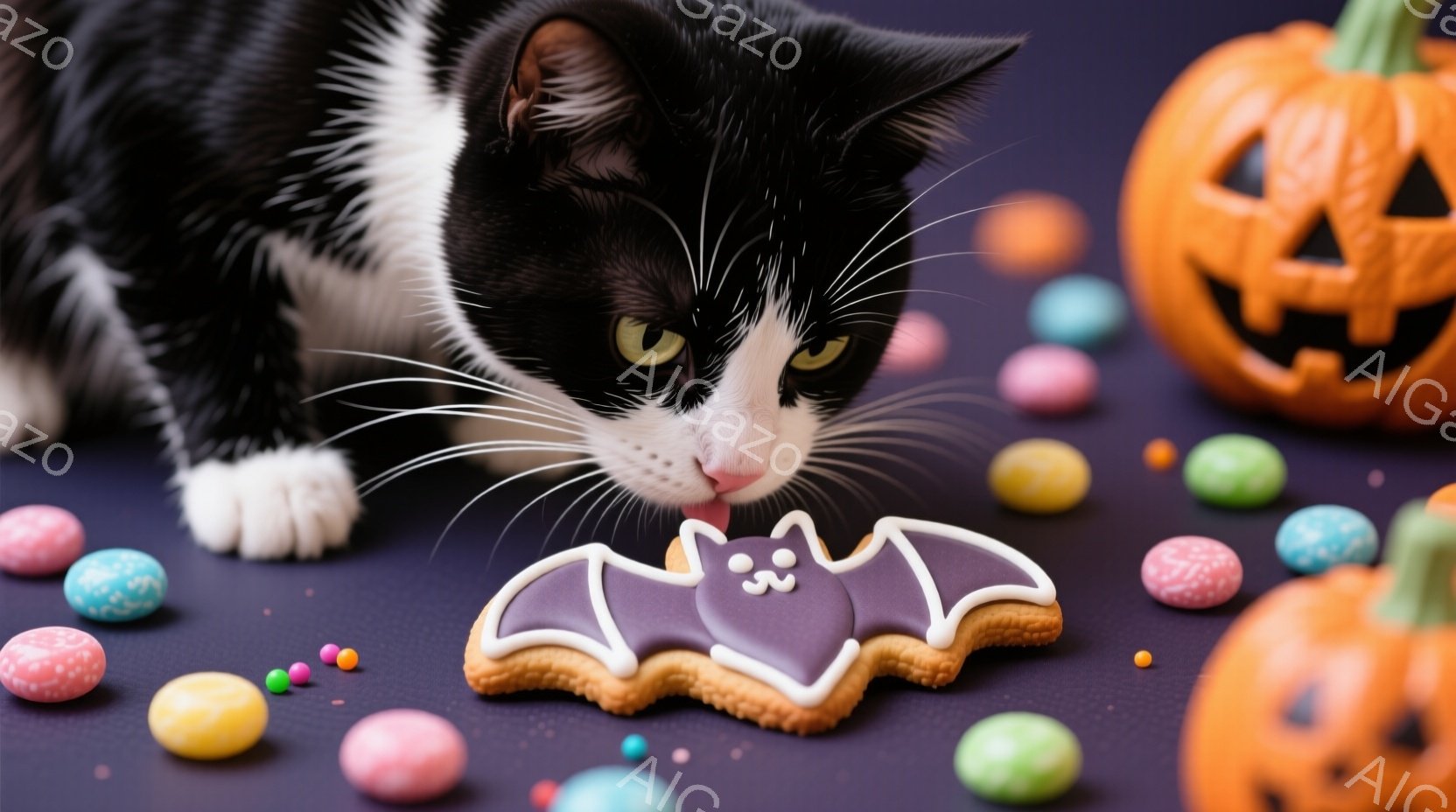 白と黒の猫が、ハロウィーンをテーマにしたクッキーに興味津々で顔を近づけています。背景にはオレンジ色のジャック・オー・ランタンと、カラフルなキャンディが散りばめられており、ハロウィーンの雰囲気を盛り上げ - AI生成フリー素材