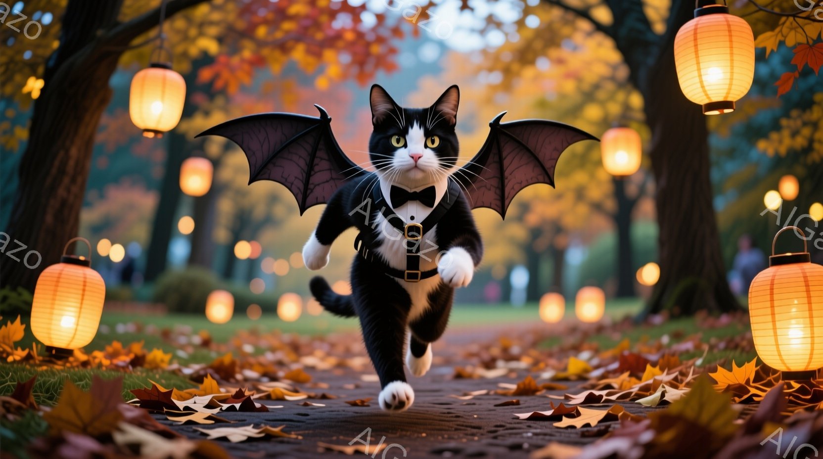 白と黒の猫が、ハロウィーンを連想させるバットの翼と蝶ネクタイ、ハーネスを身につけ、秋の落ち葉が散らばる道を駆けている。背景にはぼやけた木々と、暖かい光を放つ提灯が並び、秋の夜の幻想的な雰囲気を醸し出している。猫の表情は真剣で、どこか楽しげであり、躍動感に満ちたシーンである。