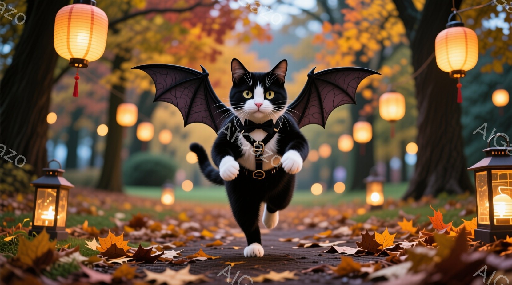 黒と白の猫が、翼とハーネスを身につけて、落ち葉が敷き詰められた道を駆けている。背景には、ぼんやりとした木々と、暖かい光を放つ多数の提灯が並び、秋の夕暮れのような雰囲気を醸し出している。猫は前進する姿勢で、どこか楽しそうな表情をしている。
