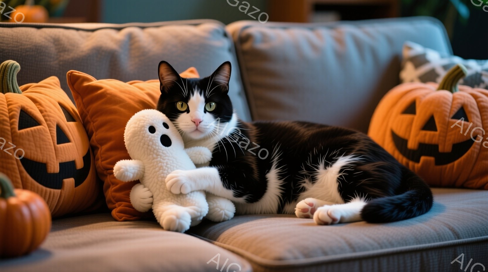 白黒の猫が灰色のソファーに横たわり、小さな白いお化けのぬいぐるみを抱えています。背景にはハロウィーンのオレンジ色のカボチャのクッションが並び、季節感を演出しています。猫はリラックスした様子で、お化けの - AI生成フリー素材