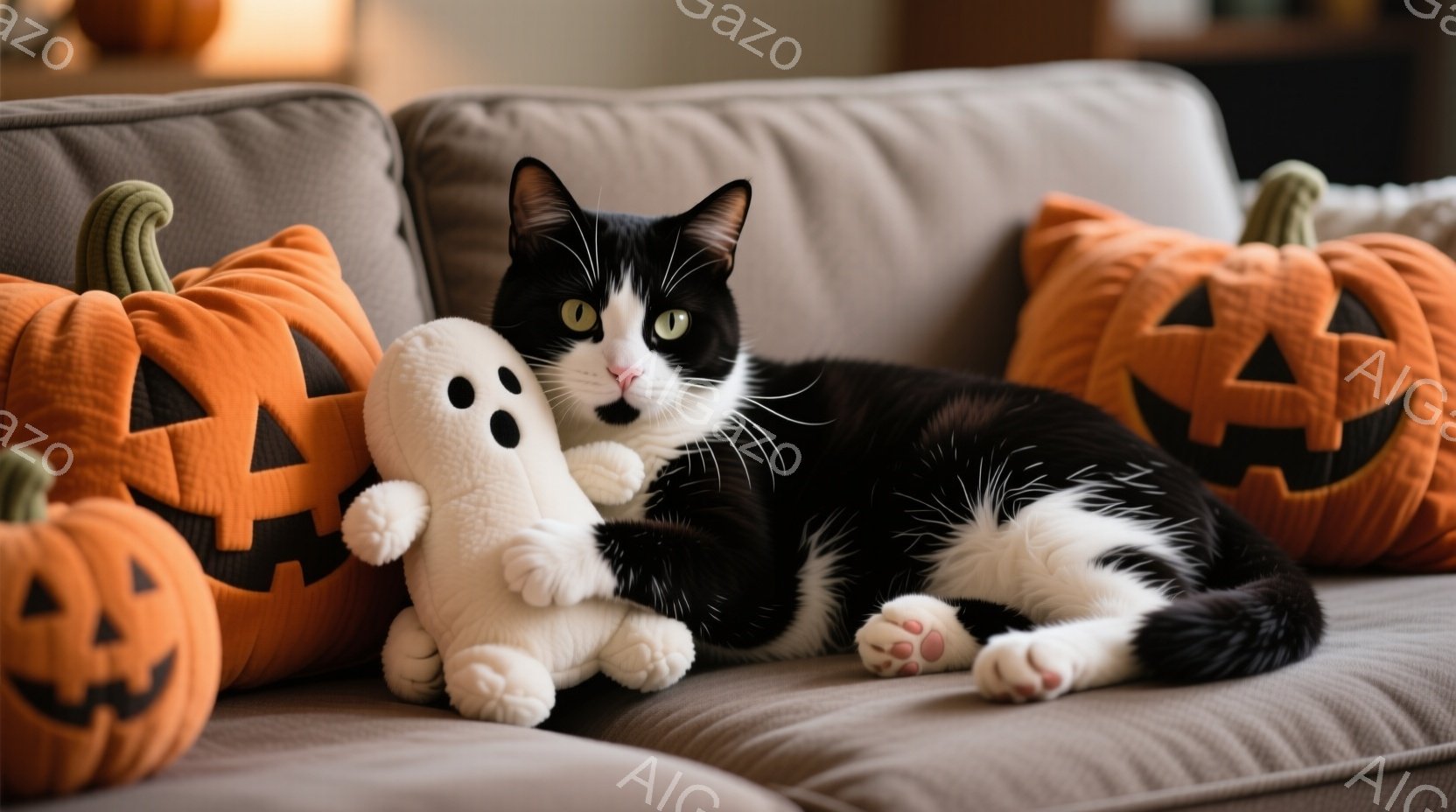 白と黒の猫が、ハロウィーンの飾りであるオレンジ色のカボチャのクッションに囲まれてソファでくつろいでいる。猫は白いお化けのぬいぐるみと寄り添い、リラックスした表情でこちらを見ている。背景はぼかされており - AI生成フリー素材