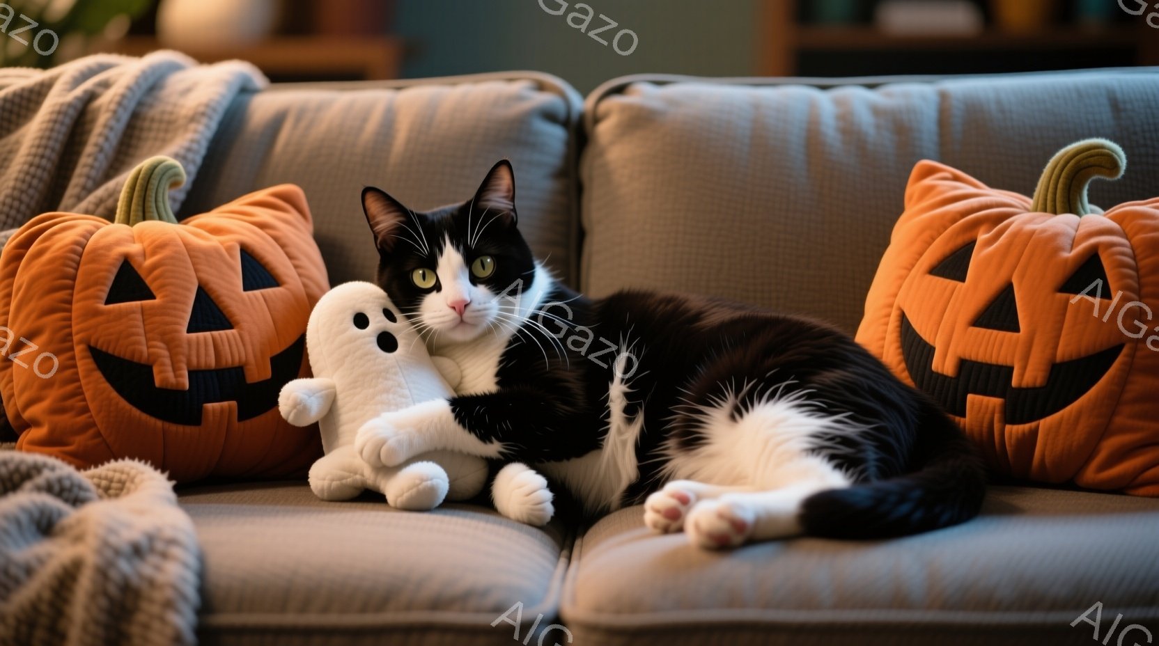 白と黒の猫が、ハロウィーン風のオレンジ色のジャック・オ・ランタンのクッションに挟まれて、灰色のソファでリラックスして横たわっています。猫はリラックスした表情で、小さな白いゴーストのぬいぐるみが隣に置か - AI生成フリー素材