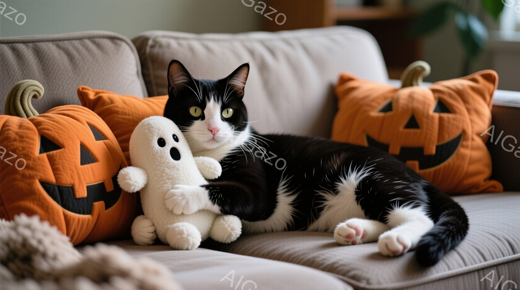 白と黒の猫が、ハロウィーンの飾りがされたソファに横たわっています。猫はリラックスした様子で、ふわふわの白いお化けのぬいぐるみと寄り添い、正面を見つめています。背景には、オレンジ色のジャック・オー・ラン - AI生成フリー素材