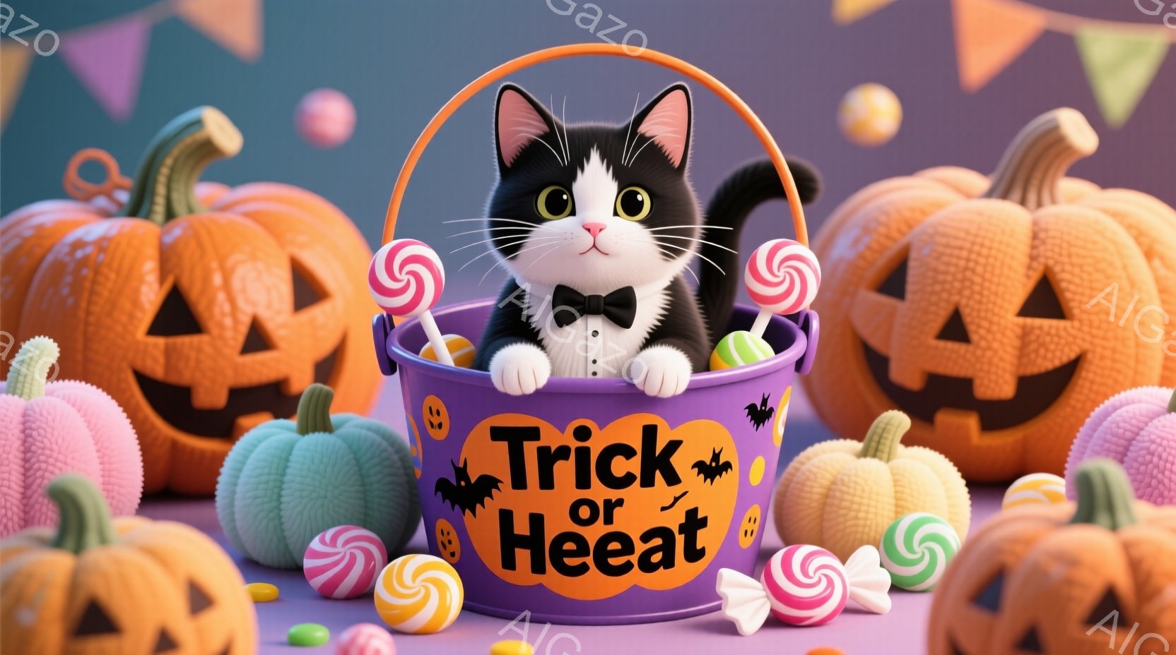 紫色のカボチャのバケツの中に、黒と白の猫が可愛らしく座っています。猫は蝶ネクタイを締めており、いたずらっぽい表情でこちらを見ています。背景にはオレンジ色のカボチャとカラフルなキャンディーが散りばめられており、「Trick or Heeat」という文字が描かれた、ハロウィンの楽しい雰囲気が漂います。