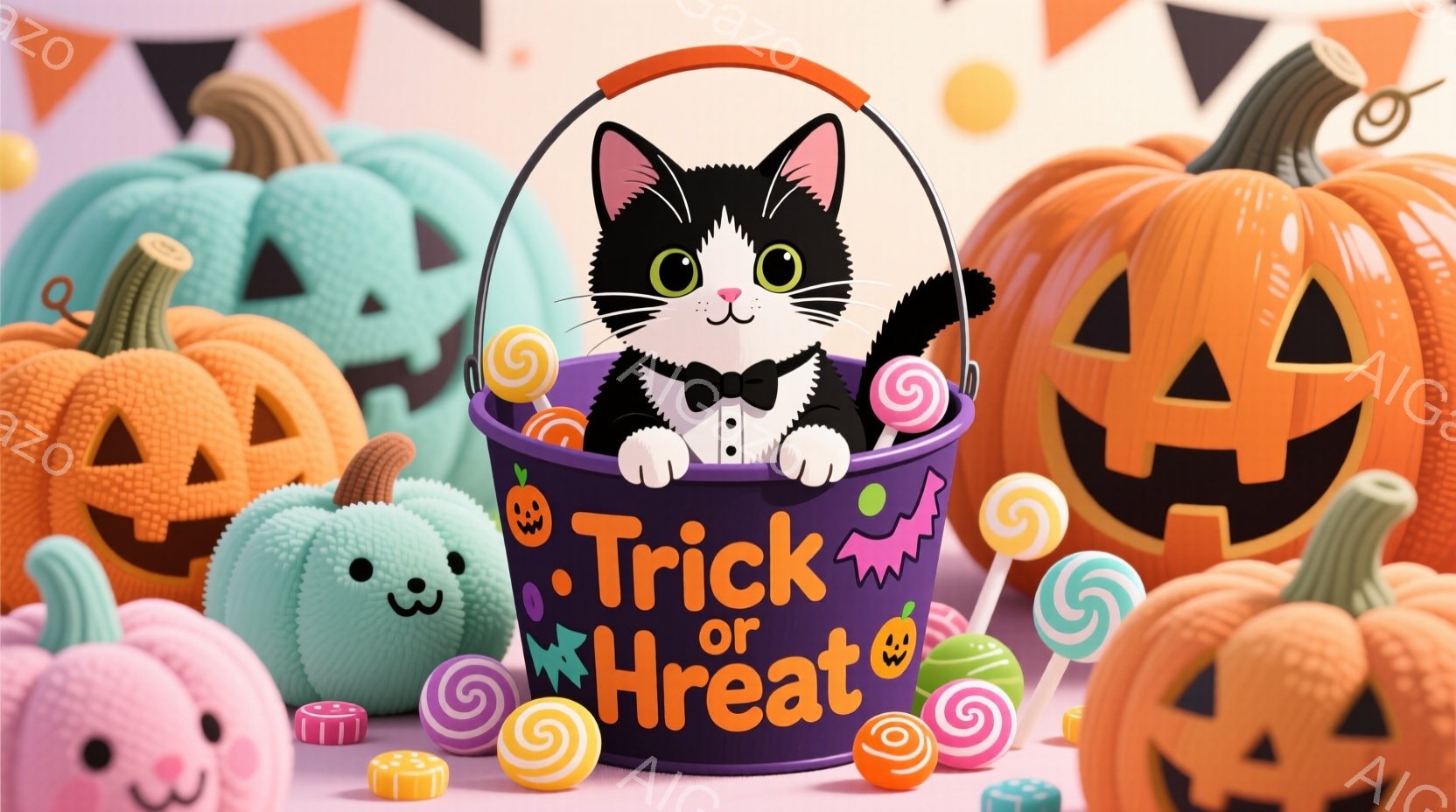 ハロウィーンをテーマにした可愛らしい画像です。黒猫が紫色のカボチャのバケツから顔を出し、蝶ネクタイをつけて微笑んでいます。背景には、様々な表情をしたカボチャやキャンディーが散りばめられており、楽しいお - AI生成フリー素材