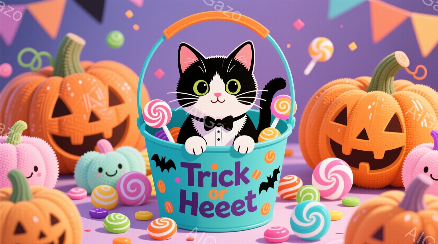 白と黒の猫が、オレンジ色のキャンディーでいっぱいの紫色のバケツの中に座っており、蝶ネクタイをつけて可愛らしい表情をしています。背景には、笑顔のハロウィーンカボチャやカラフルなキャンディーが散りばめられており、お祭り気分を盛り上げています。全体的に明るく楽しい雰囲気で、ハロウィーンの喜びが表現されています。