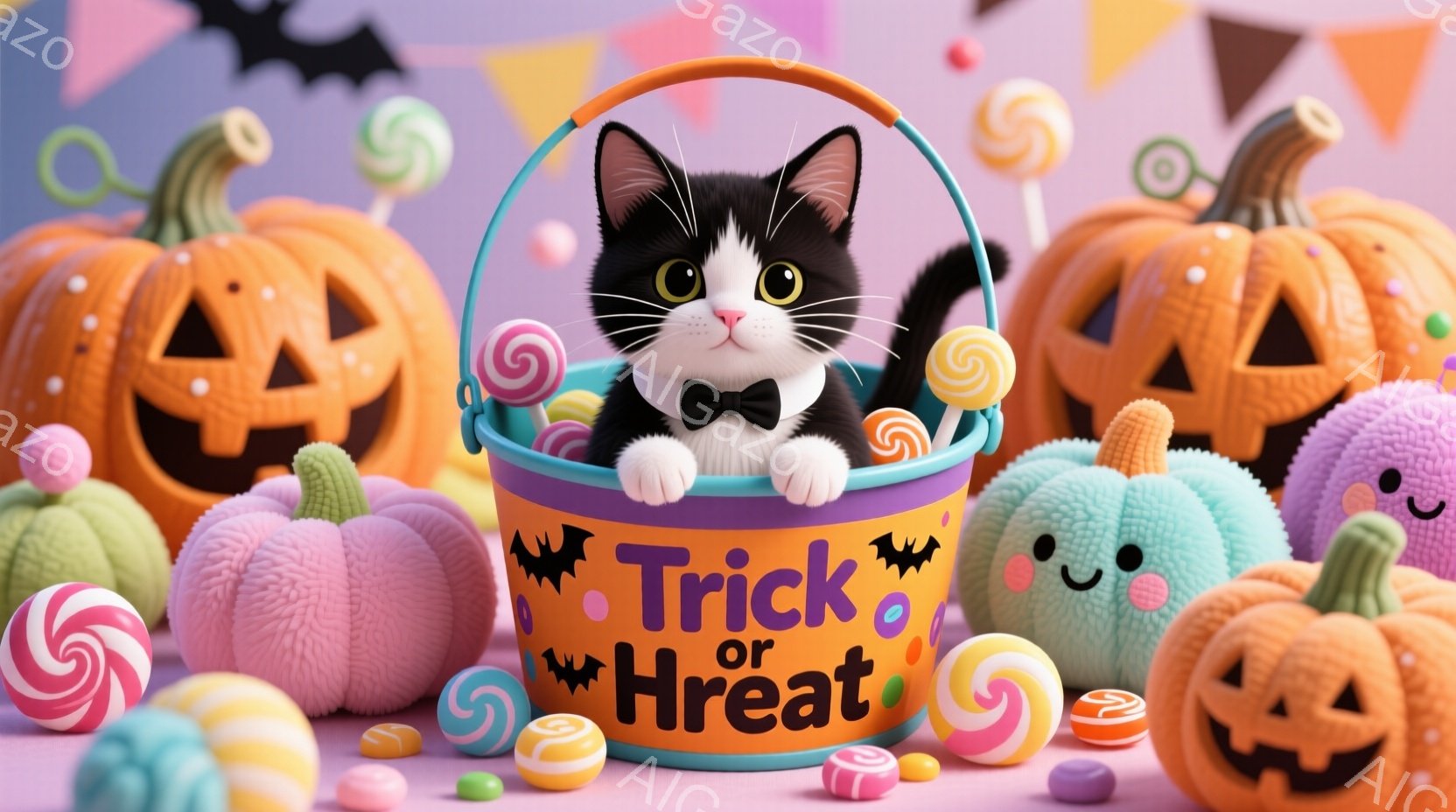 白と黒の猫が、ハロウィーンをテーマにした紫色のバスケットに座っており、黒い蝶ネクタイをつけています。猫は少し驚いたような表情で、丸い目に光が当たっています。背景には、様々な表情をした、キャンディーやカボチャが散りばめられており、明るく楽しいハロウィーンの雰囲気を醸し出しています。