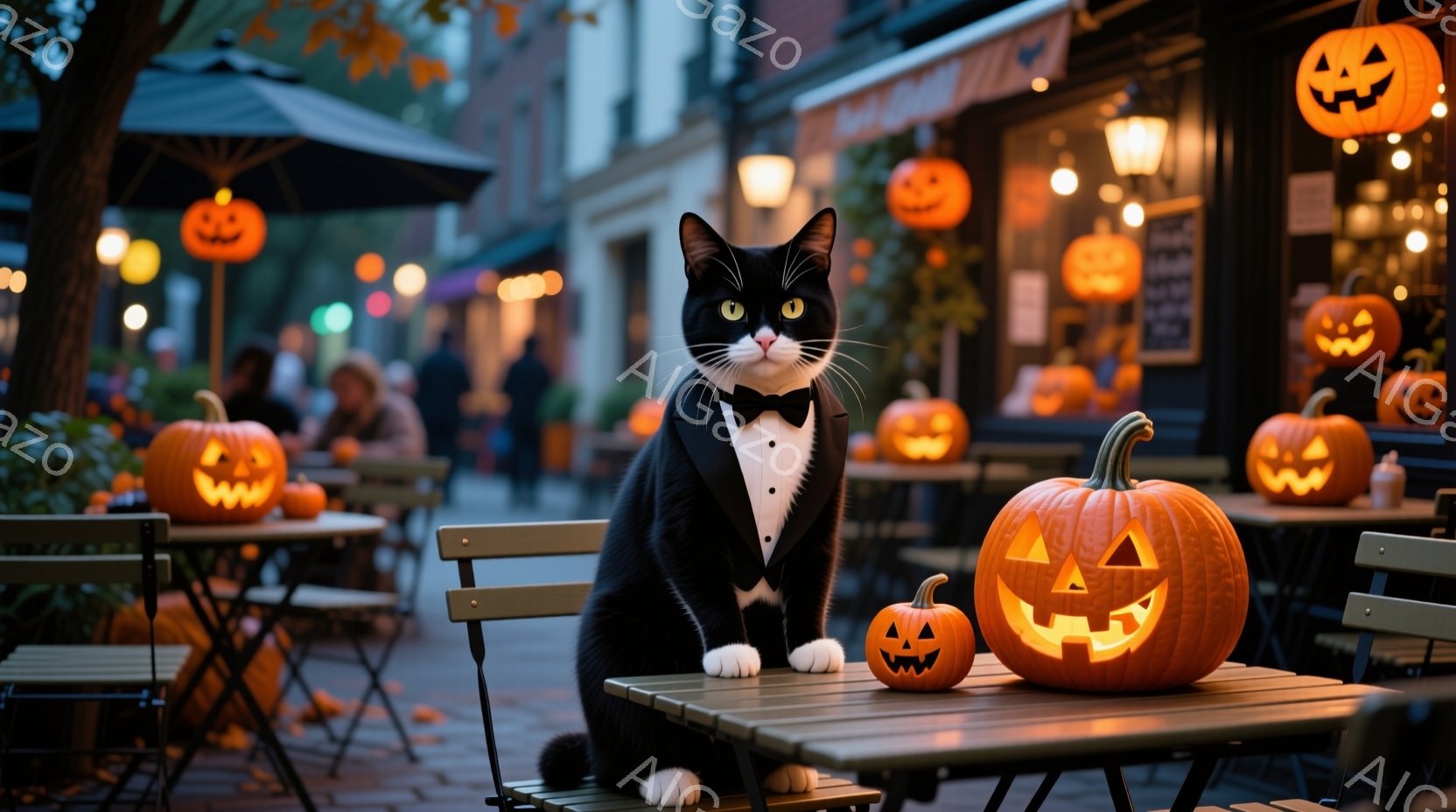 白と黒の猫が、屋外カフェのテーブルに優雅に座っており、蝶ネクタイをつけている。周囲には様々な大きさのジャック・オ・ランタンが置かれ、背景にはぼやけた人々や店が並び、ハロウィーンの暖かい雰囲気を醸し出し - AI生成フリー素材