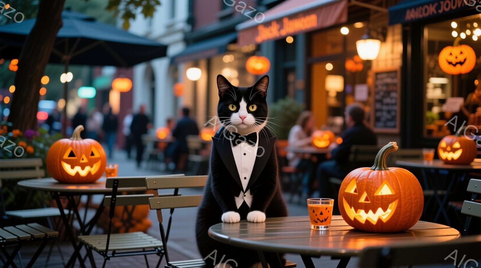 白と黒の猫が、テーブルに座ってタキシードを着ており、自信に満ちた表情で正面を見つめている。テーブルの上にはオレンジ色のカクテルグラスと、ジャック・オー・ランタンが置かれている。背景には、ハロウィンの装飾が施されたカフェや、ぼやけた人々の姿が見え、暖かく幻想的な雰囲気が漂っている。
