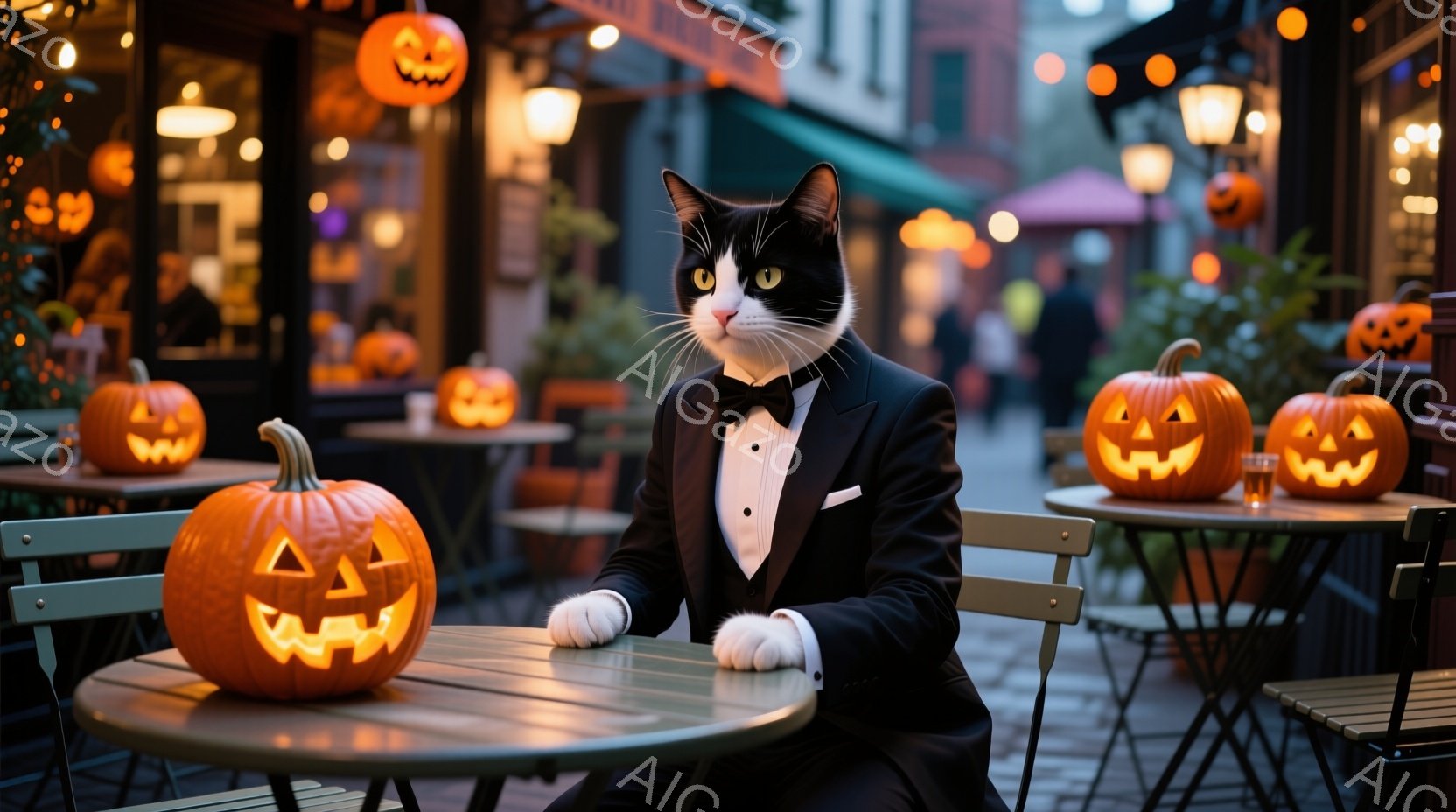 白黒の猫が、テーブルに座り、黒いタキシードと白い蝶ネクタイを着用して、優雅にポーズをとっています。周囲には、ハロウィンにちなんだジャック・オー・ランタンが置かれたテーブルが並び、背景にはぼやけた街並みが広がっています。全体的に、秋の夜のハロウィンパーティーの、少しユーモラスで上品な雰囲気が漂っています。