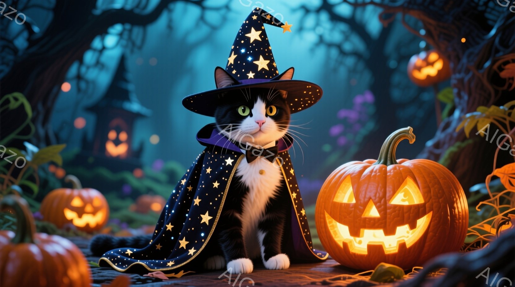 黒と白の猫が、星が散りばめられた黒いマントと帽子を身につけ、首には蝶ネクタイをつけています。猫は正面をまっすぐ見つめ、少しいたずらっぽい表情を浮かべています。背景には、不気味な森と様々な大きさのジャック・オー・ランタンが散りばめられ、全体的にハロウィーンの神秘的で楽しい雰囲気を醸し出しています。