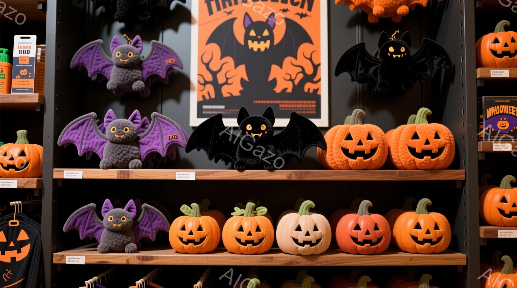 ハロウィーンの装飾品が棚に並べられています。紫色のコウモリと、さまざまな表情をしたオレンジ色のジャック・オー・ランタンが特徴的で、背景にはハロウィーンを象徴するデザインが描かれたボードがあります。全体的に、お祭り気分を盛り上げる、カラフルで楽しい雰囲気です。