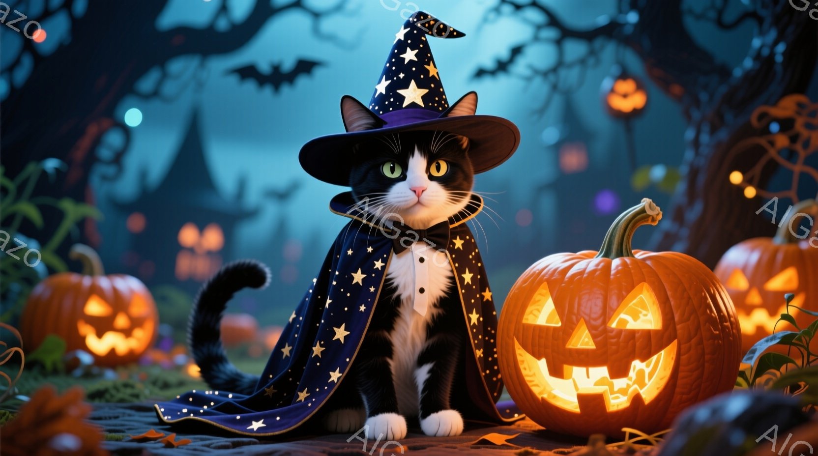 白と黒の猫が、紫色の星柄のケープと黒いリボンタイを身につけ、魔女帽子をかぶって座っています。背景には、不気味な表情をしたジャック・オー・ランタンや、ねじれた木々、暗い空が広がっており、ハロウィーンの夜を思わせる雰囲気です。猫は自信に満ちた表情で、まるでハロウィーンの魔法使いのようです。