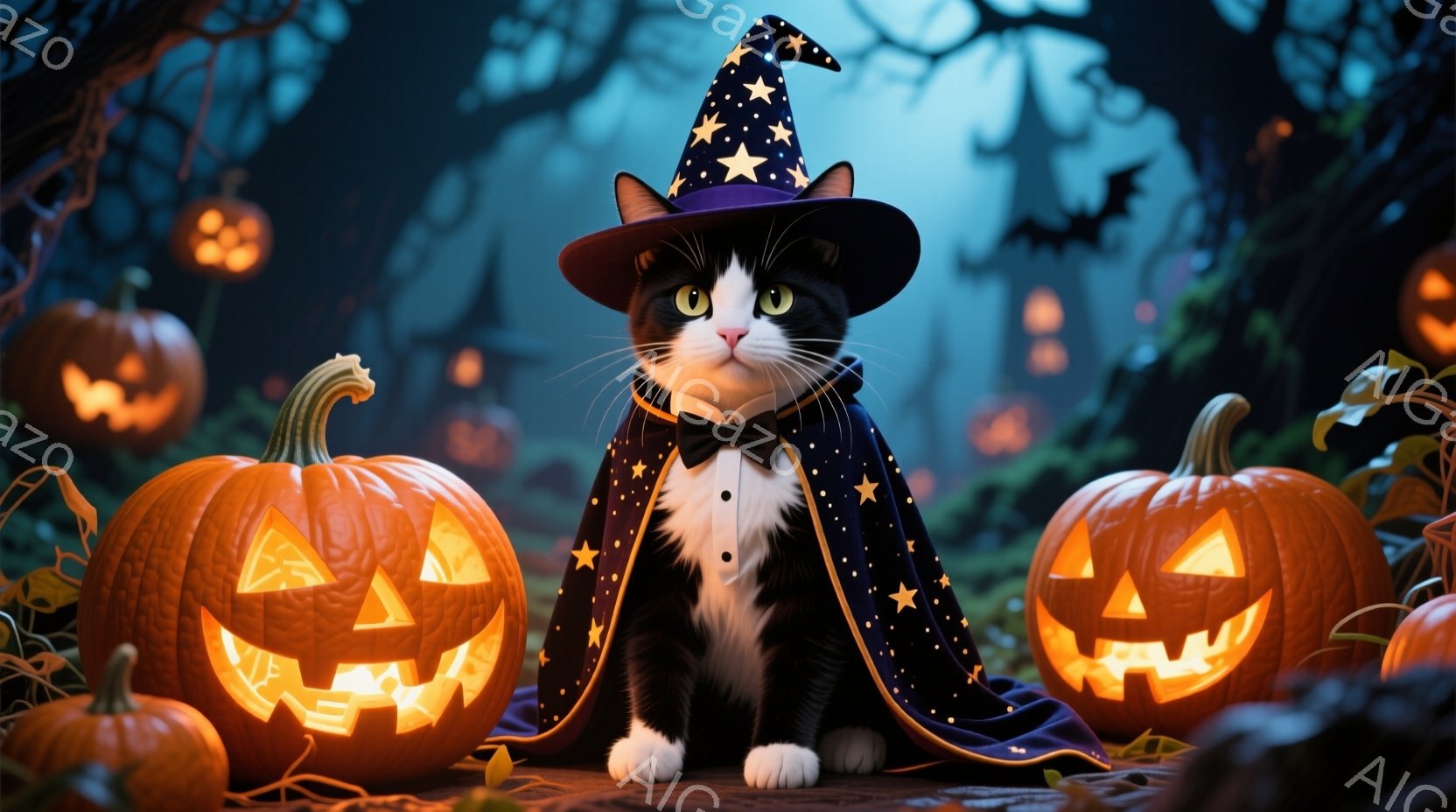 白黒の猫がハロウィーンの衣装を着て座っています。黒いローブと蝶ネクタイ、そして星が散りばめられた魔女帽子を身に着け、少し得意げな表情をしています。背景には、ジャック・オ・ランタンが灯り、不気味な森と暗 - AI生成フリー素材